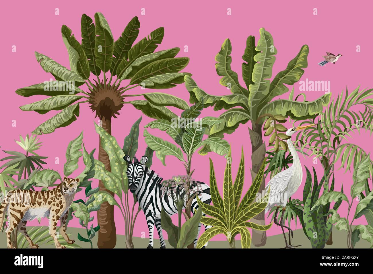Grenze zu Dschungelbäumen und Wildtieren. Vektor. Stock Vektor