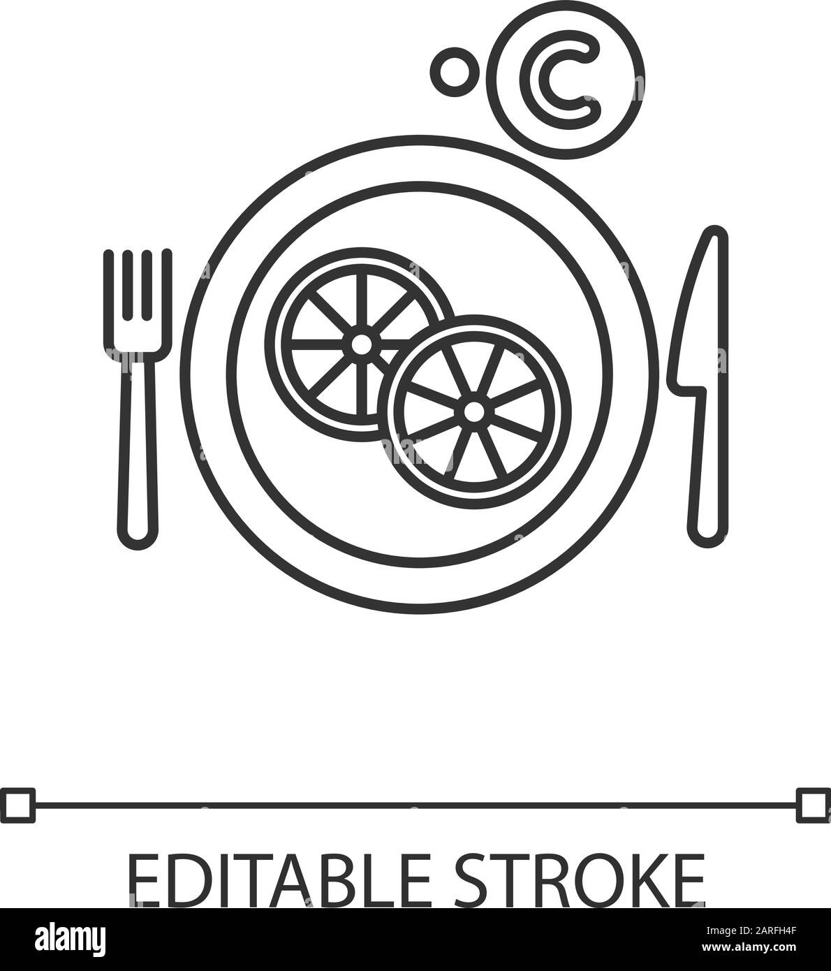 Lineares Vitamin-C-Symbol. Geschnittene Zitrone auf Platte. Schneiden Sie Obst. Essen Sie Zitrusfrüchte. Allgemeine Vorsichtsmaßnahmen bei der Erkältung. Gesundheitswesen. Dünne Linie. Kontursymbol. Vecto Stock Vektor