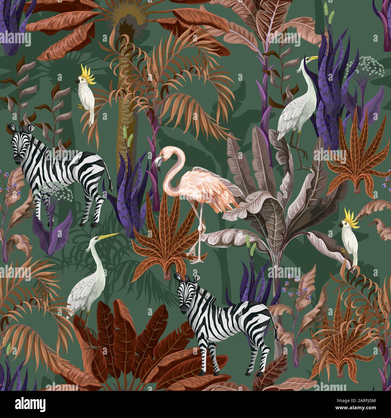 Nahtloses Muster mit tropischen Tieren im Dschungel. Vektor. Stock Vektor