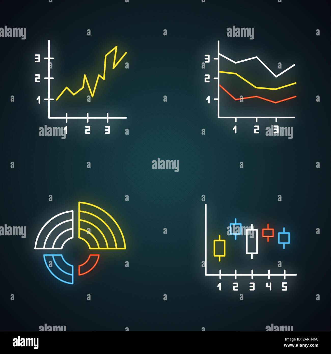 Symbole für die Neonbeleuchtung auf der Karte und in der Grafik festgelegt. Radiales Diagramm mit steigenden Werten. Flächendiagramme mit Segmenten und Abschnitten. Vertikales Streuhistogramm. Glowi Stock Vektor