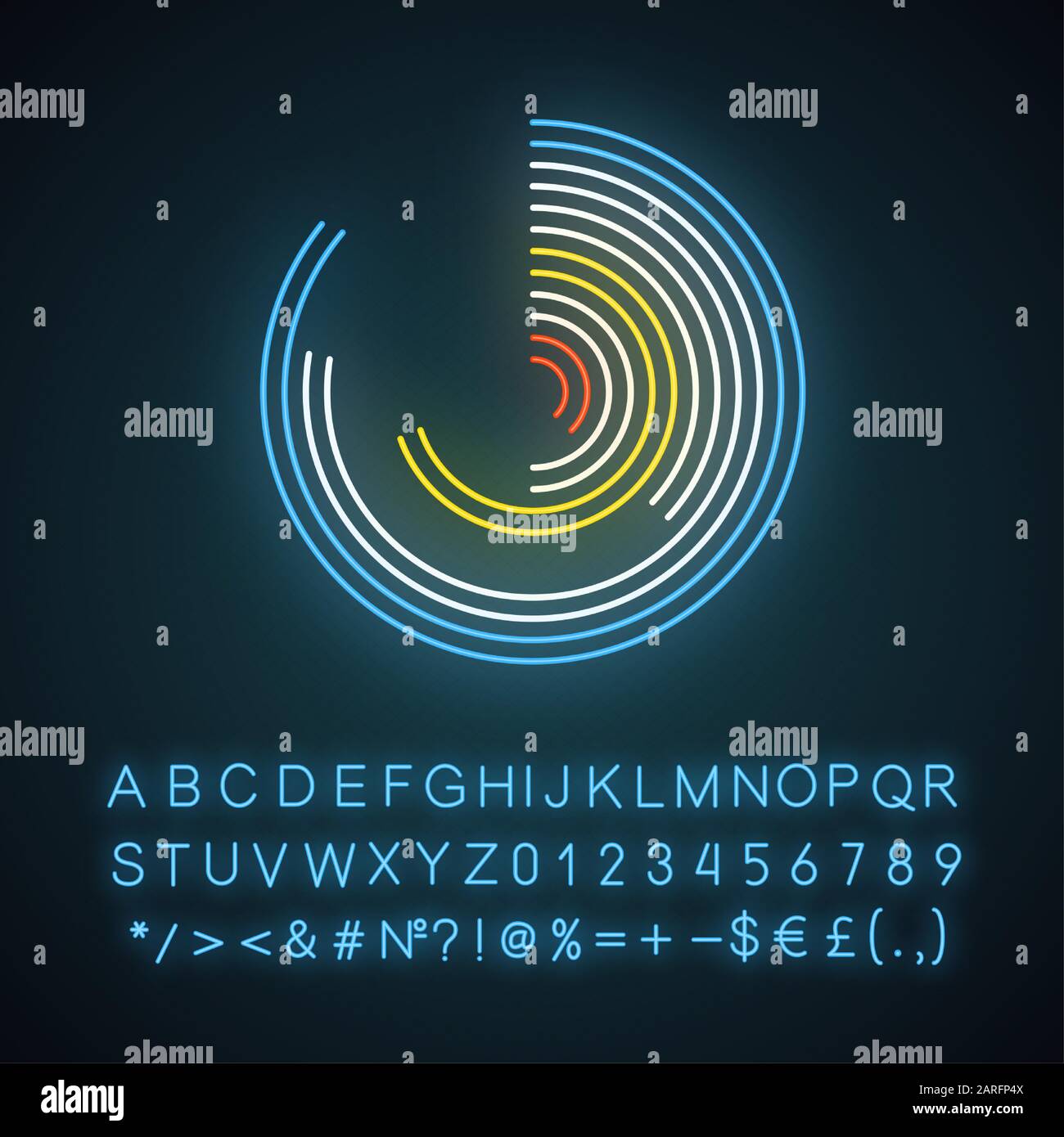 Symbol für Polarwatch-Neonlicht. Informations-Sammeldiagramm. Fortschrittsdiagramm. Rundes Diagramm mit Balken. Forschung. Leuchtende Zeichen mit Alphabet, Zahlen und Stock Vektor