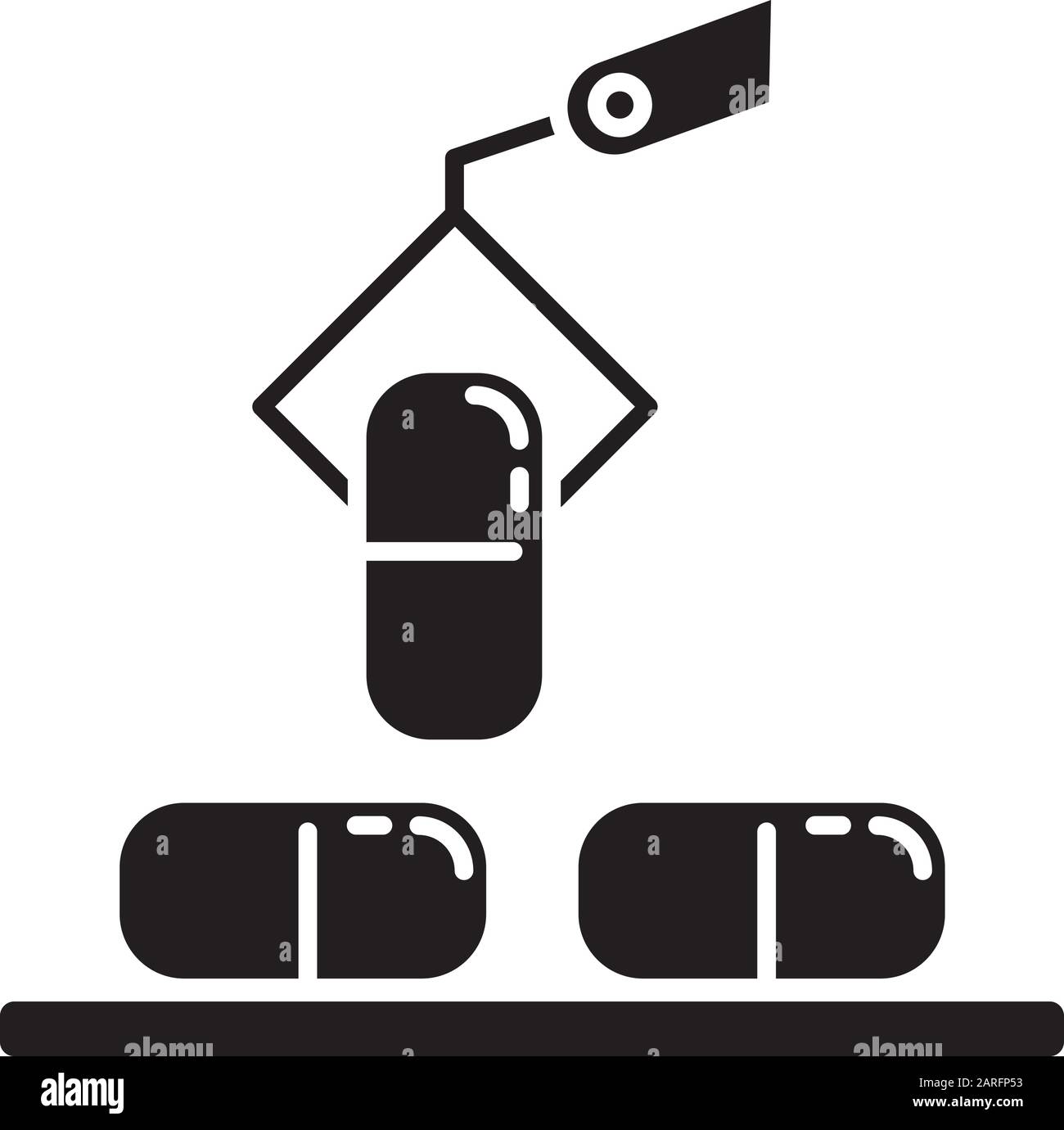 Glyph-Symbol für die Pharmaindustrie. Drogensektor. Produktionslinie für automatische Fördertabletten im Werk. Erstellung von pharmakologischen Produkten. Silhouette sy Stock Vektor