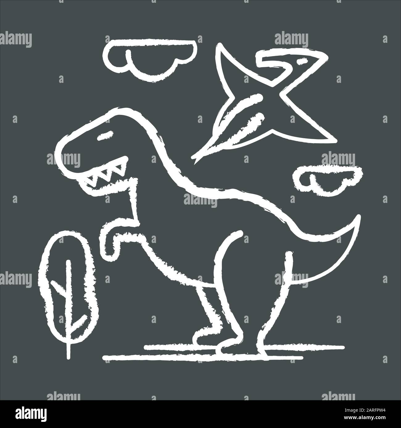 Kreidesymbol der Dinosaurier. Prähistorische Tiere. Tyrannosaurus rex. Fliegendes Pterodactyl. Jurassic Park. Gefährliche Bestien. Uralte Tierwelt. Archäologie und Hi Stock Vektor