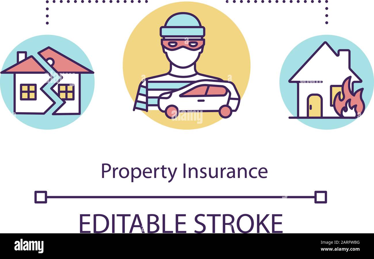 Symbol für das Konzept der Immobilienkasse. Deckung für Schäden am Anwesen. Autodiebstahl. Wiederherstellung von Straftaten. Finanzielle Hilfe Idee Thin Line Illustration. Vektor-isolierter Umriss Stock Vektor