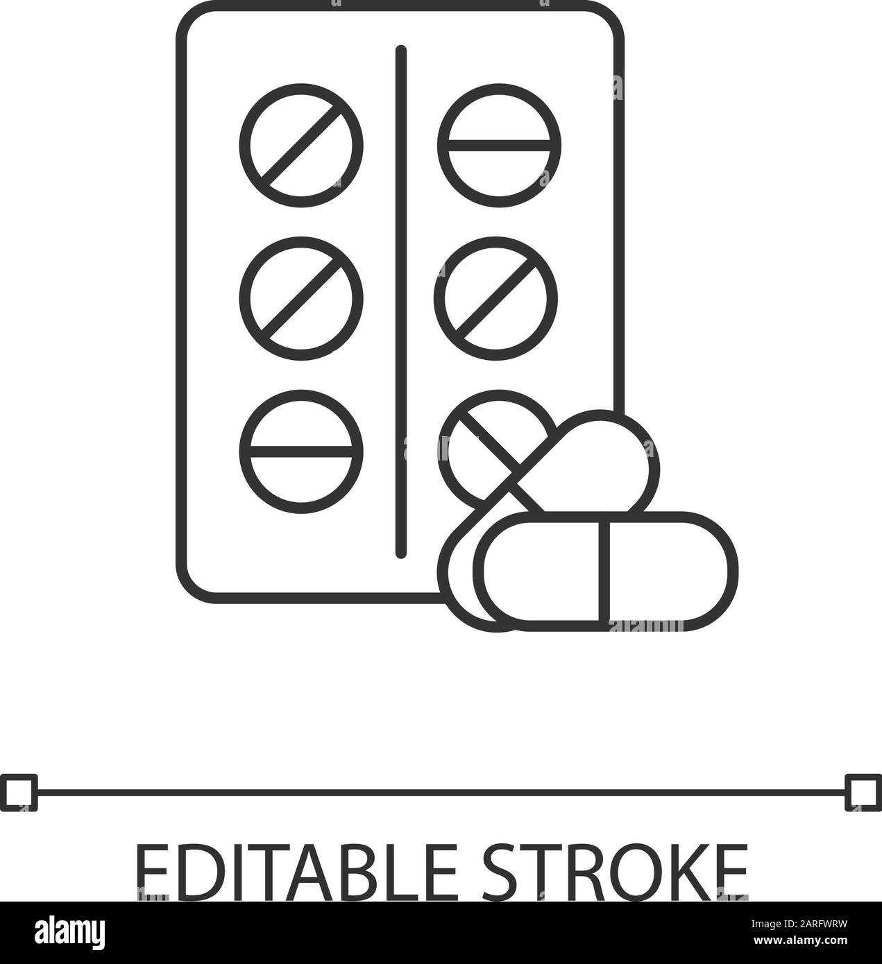 Lineares Pillensymbol. Medikamente und Medikamente. Rezept und Medikamente. Geburtenkontrolle. Gemeinsame Kalthilfe. Dünne Linie. Kontursymbol. Vec Stock Vektor