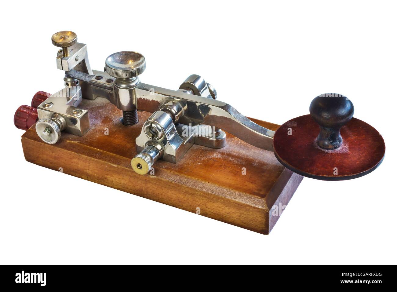 Alten Morse telegrafie Gerät auf weißem Hintergrund Stockfoto