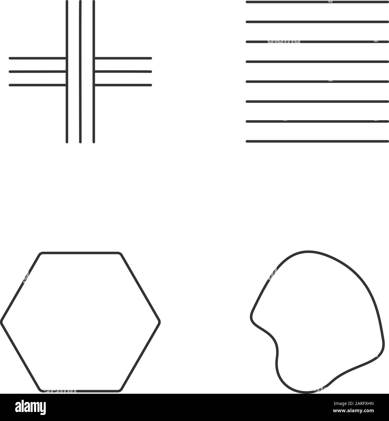 Lineare Symbole für geometrische Figuren festgelegt. Gekreuzte Streifen. Parallele Linien, Sechskant. Abstrakte Form. Isometrische Formen. Kontursymbole mit dünnen Linien. Isolierte vec Stock Vektor