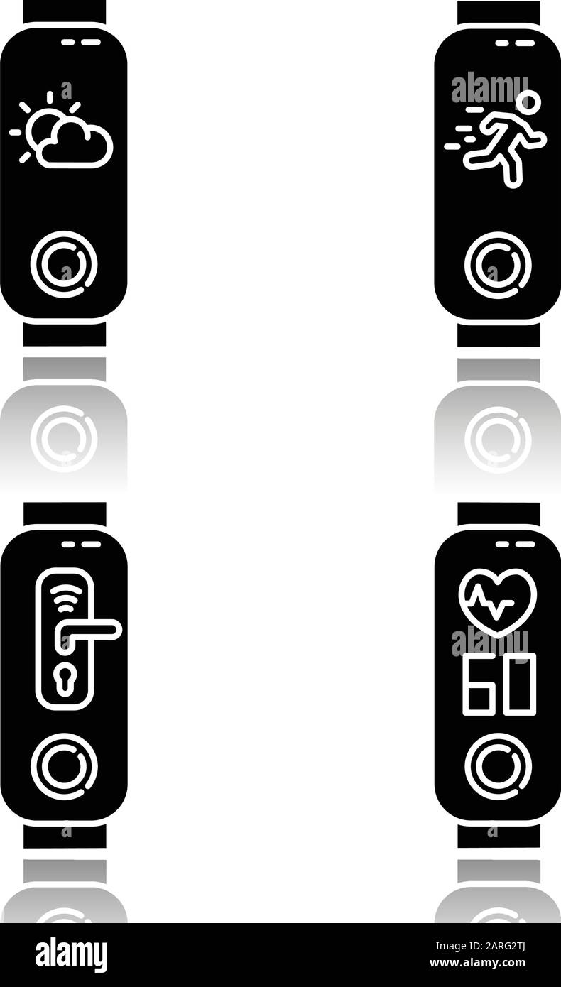 Fitness-Tracker-Benachrichtigungen setzen schwarze Glyph-Symbole in den Schatten. Wellness-Gerät mit Wettervorhersage, aktive Bewegungssteuerung. Gadget mit digitalem d Stock Vektor