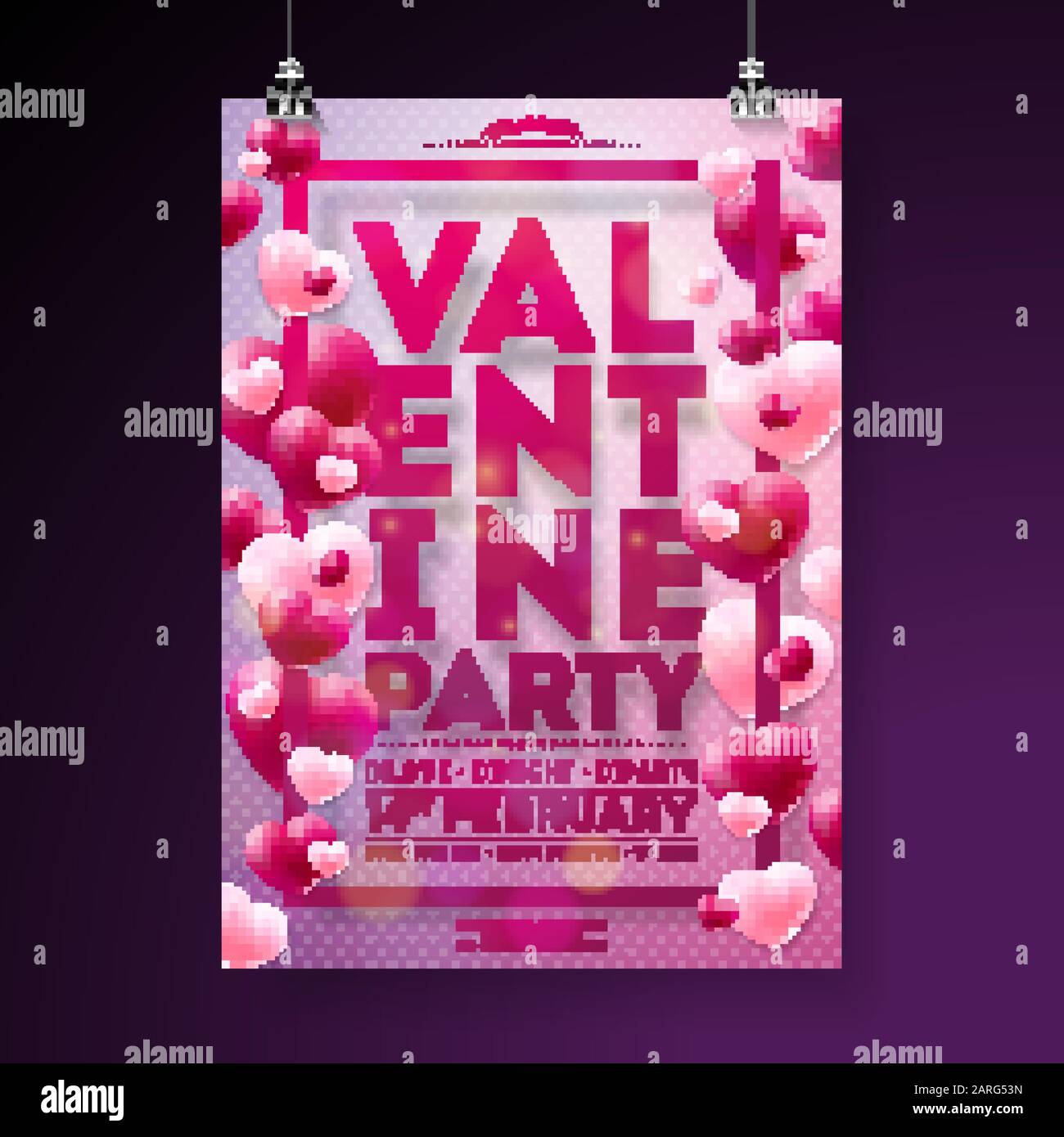 Vector Valentines Day Party Flyer Design mit Typografie und Ballonherz auf pinkem Hintergrund. Poster "Liebesfeier"-Vorlage für Einladung oder Stock Vektor