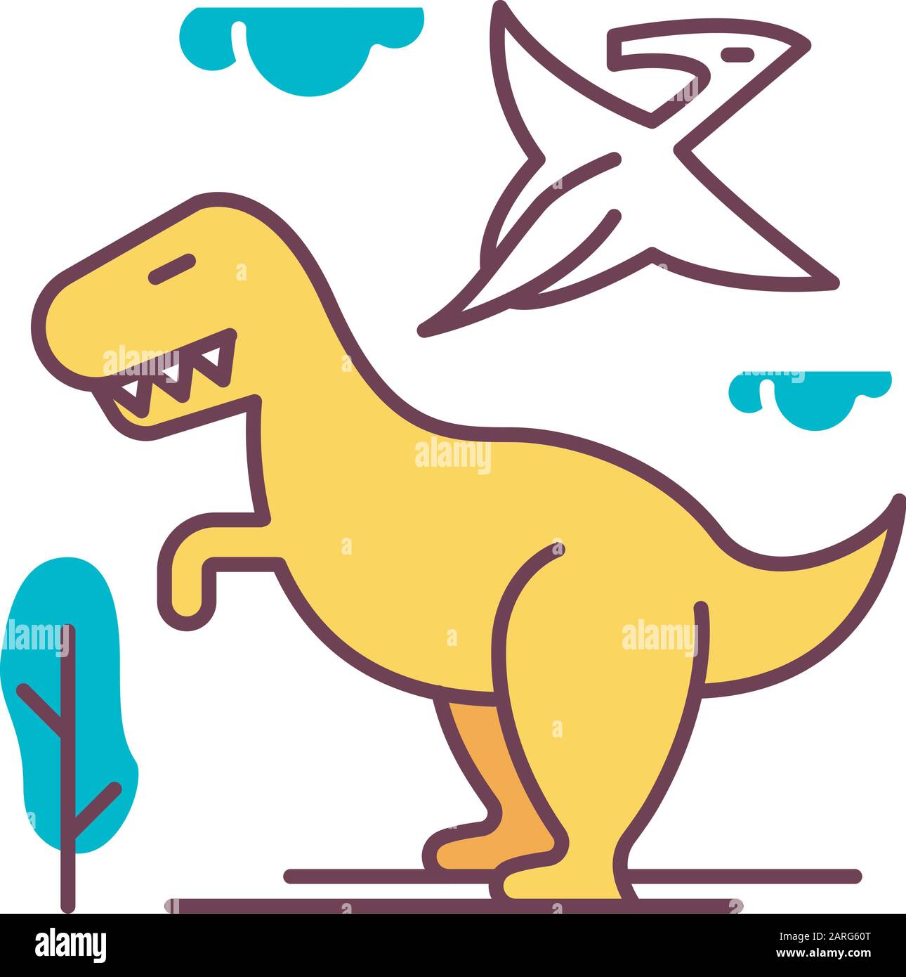 Farbsymbol der Dinosaurier. Prähistorische Tiere. Tyrannosaurus rex. Fliegendes Pterodactyl. Jurassic Park. Gefährliche Bestien. Uralte Tierwelt. Archäologie und Hi Stock Vektor