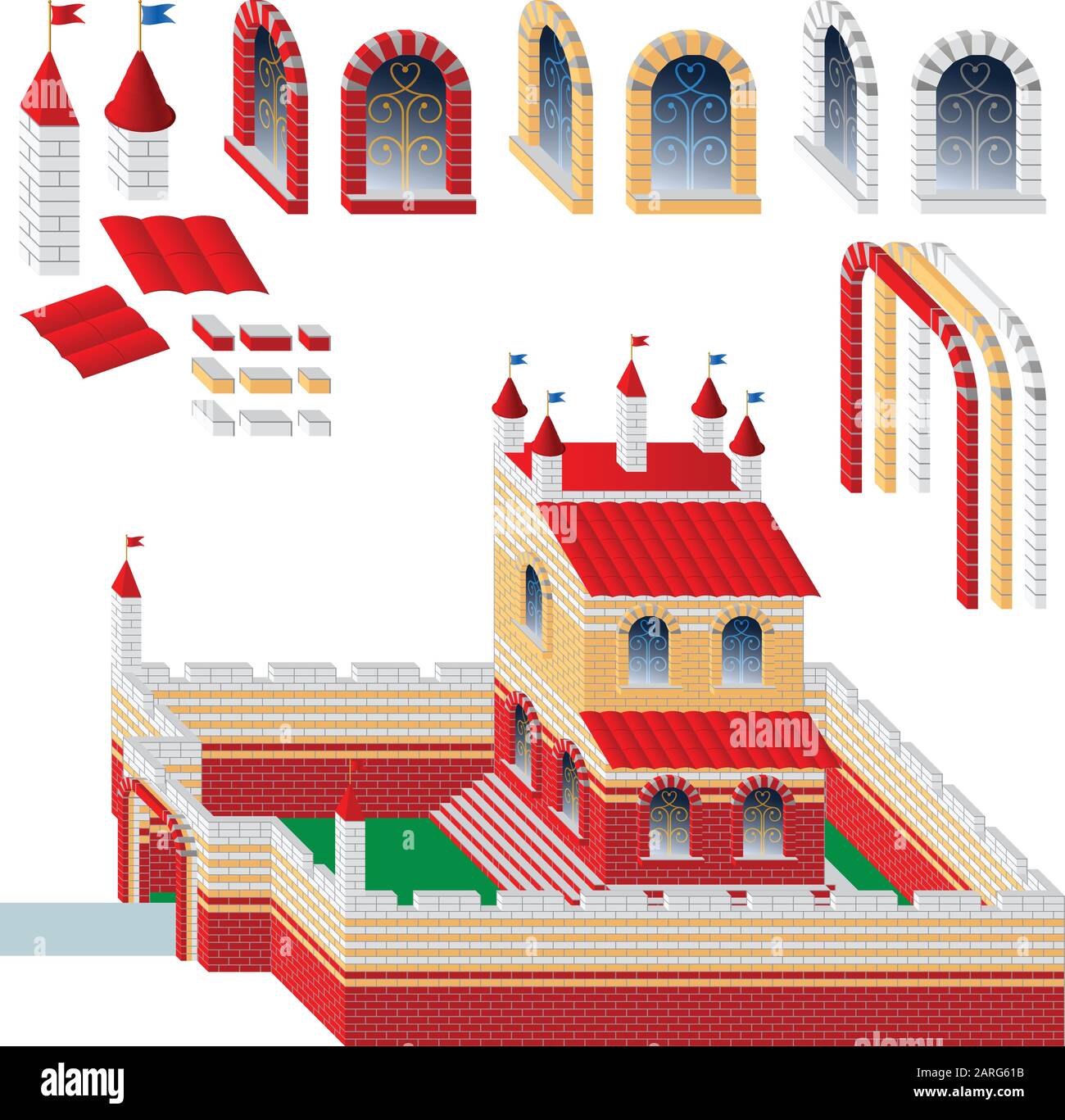 Bausatz aus Ziegelsteinen, Fenstern, Bögen, Türmen und Dach für den Bau von Spielzeugbauten, Burgen und Objekten; Fabelhafter Palast mit Zaun Stock Vektor