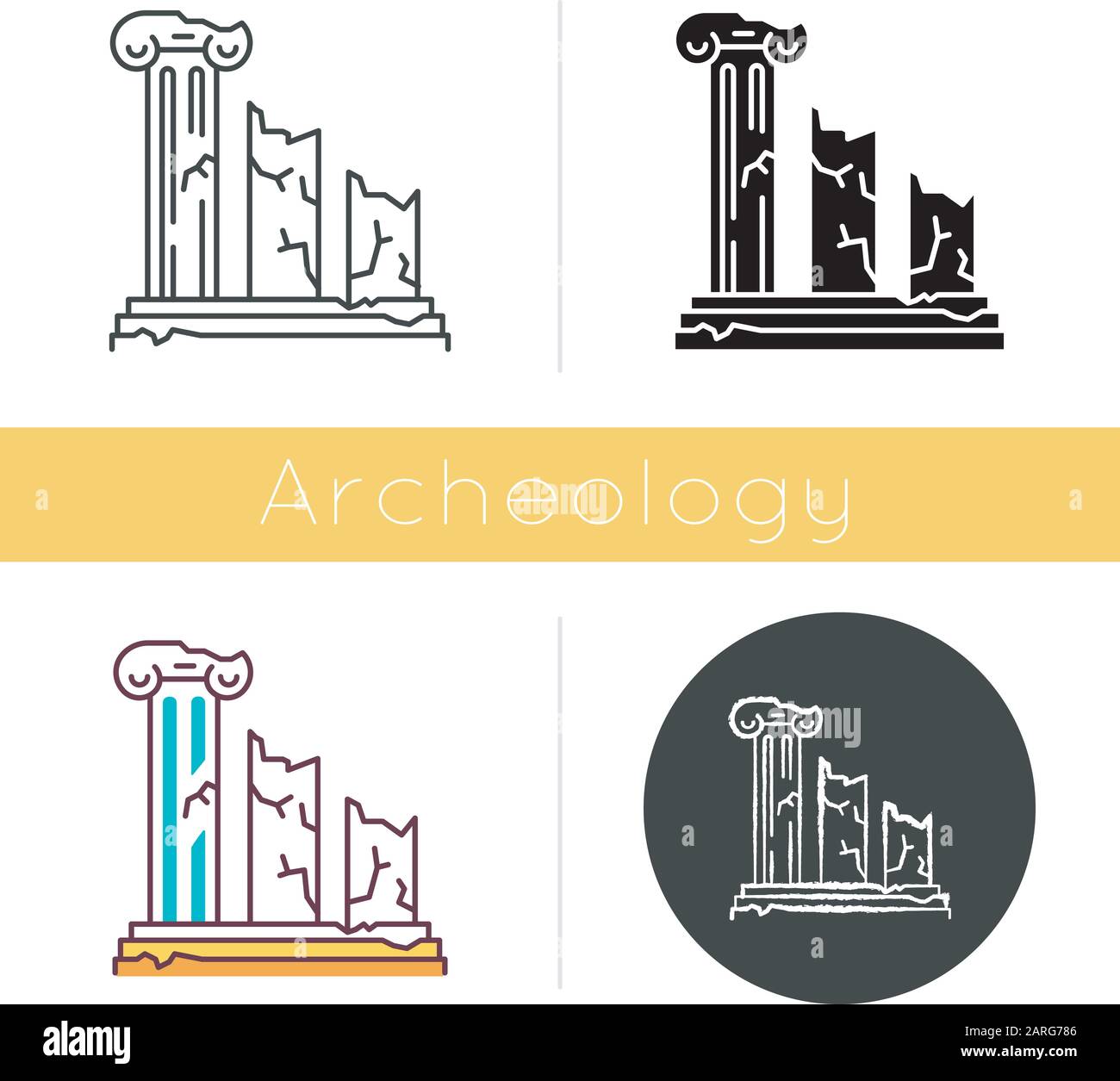 Symbol für antike Ruinen. Gebrochene Spalten. Griechische Säulen. Verlorene Städte und Zivilisationen. Archäozoologie. Unter Denkmalschutz. Flaches Design, linearer und farbiger Styl Stock Vektor