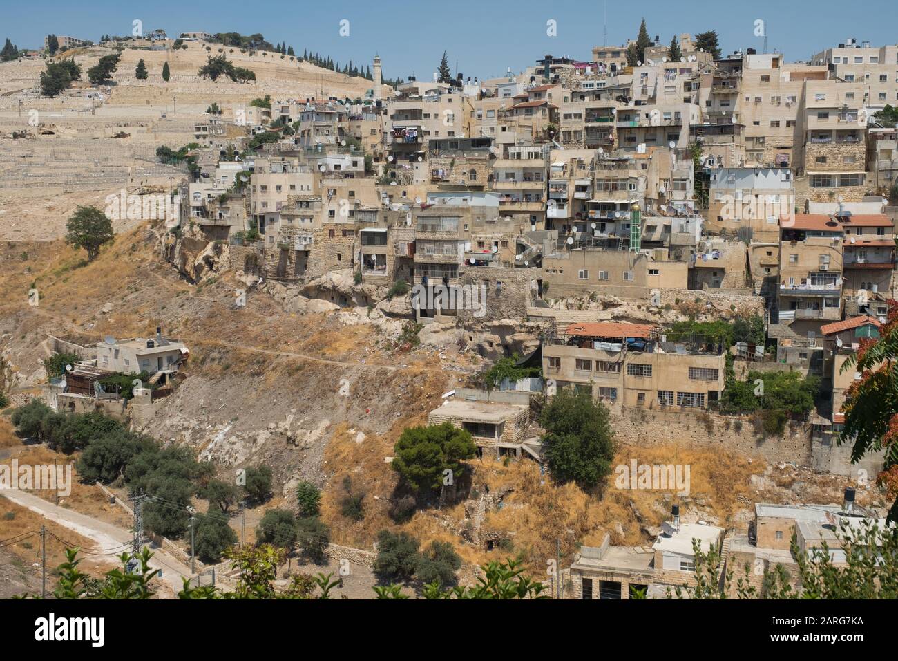 Blick auf Silwan und den Jüdischen Friedhof von der Stadt David, Jerusalem, Israel Stockfoto