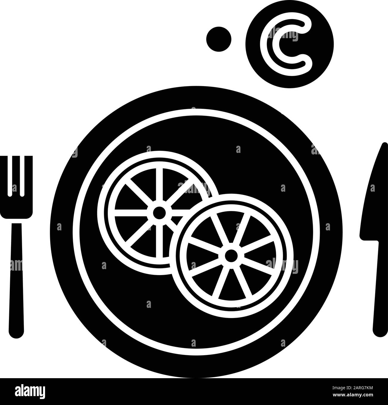 Glyph-Symbol für Vitamin C. Geschnittene Zitrone auf Platte. Schneiden Sie Obst. Essen Sie Zitrusfrüchte. Allgemeine Vorsichtsmaßnahmen bei der Erkältung. Grippe-Infektionshilfe. Gesundheitswesen. Silhouettensymbol. Ne Stock Vektor