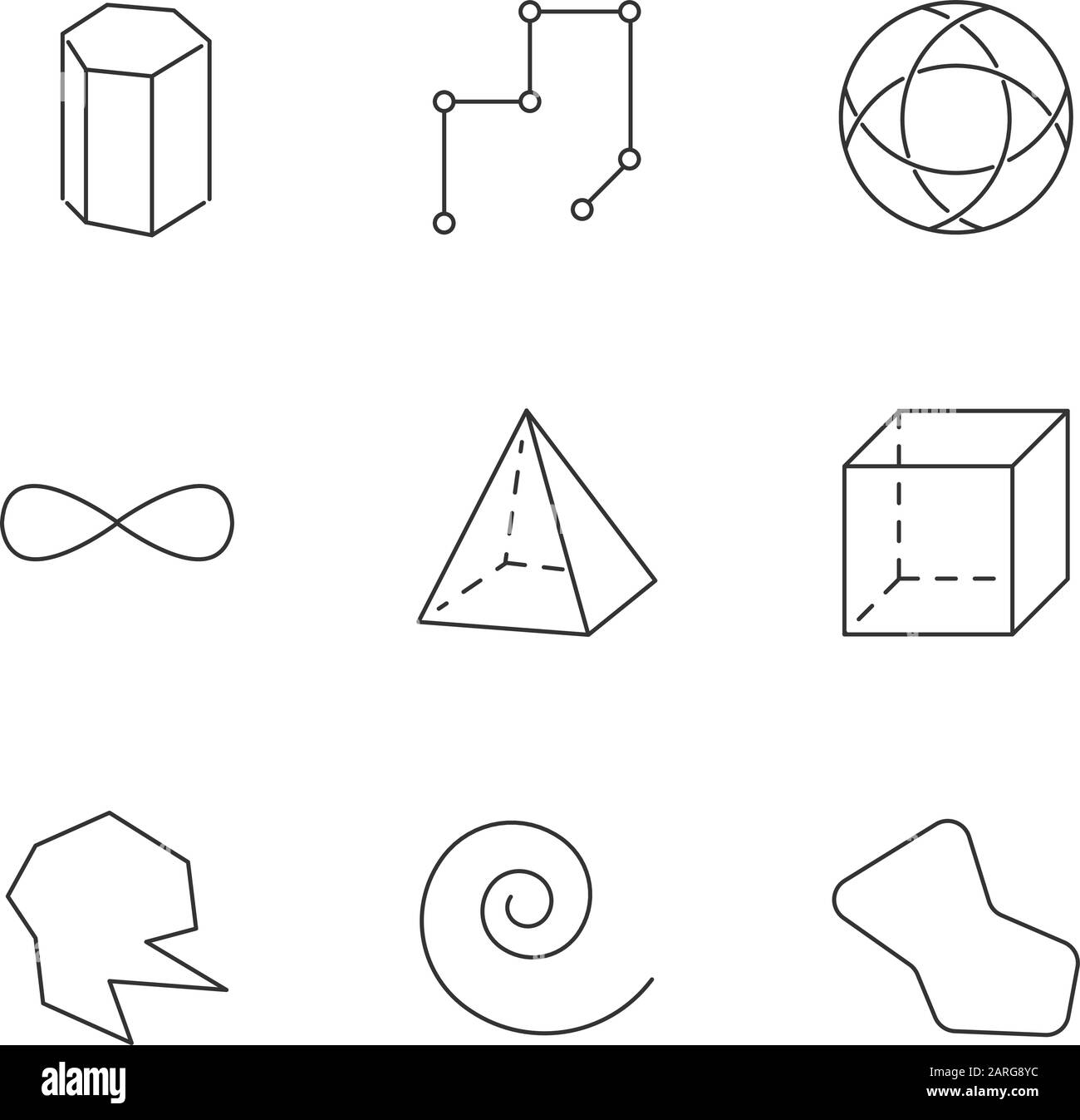 Lineare Symbole für geometrische Figuren festgelegt. Prisma, Kreis. Ewigkeitszeichen. Pyramide, Würfel. Abstrakte Formen. Isometrische Formen. Kontursymbole mit dünnen Linien. Isoliert Stock Vektor