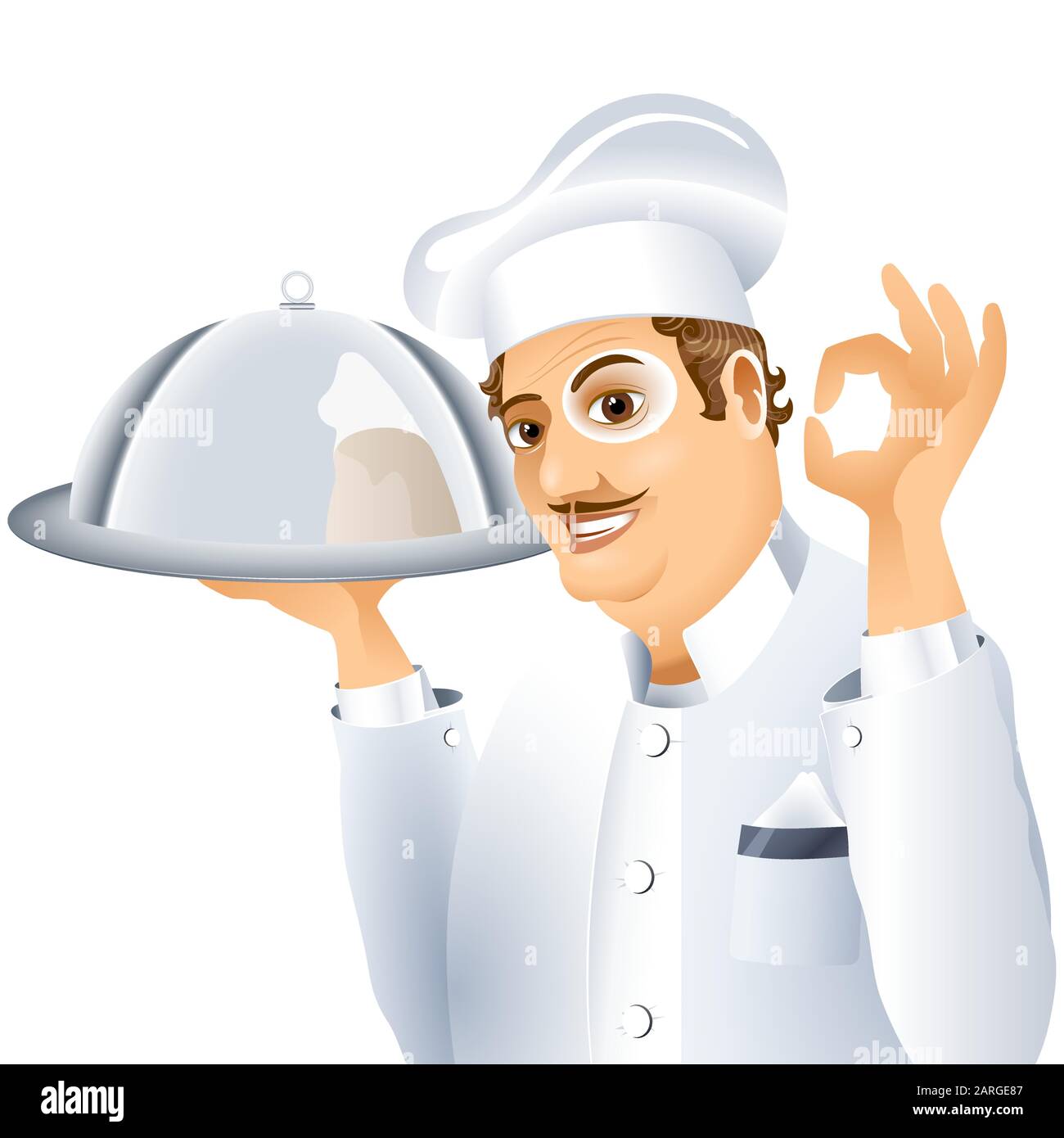 Der Koch hält ein Edelstahltablett mit einer Schale und zeigt die perfekte Geste; weiße Uniform; Cartoon-Stil; Vektor-Illustration Eps8 Stock Vektor