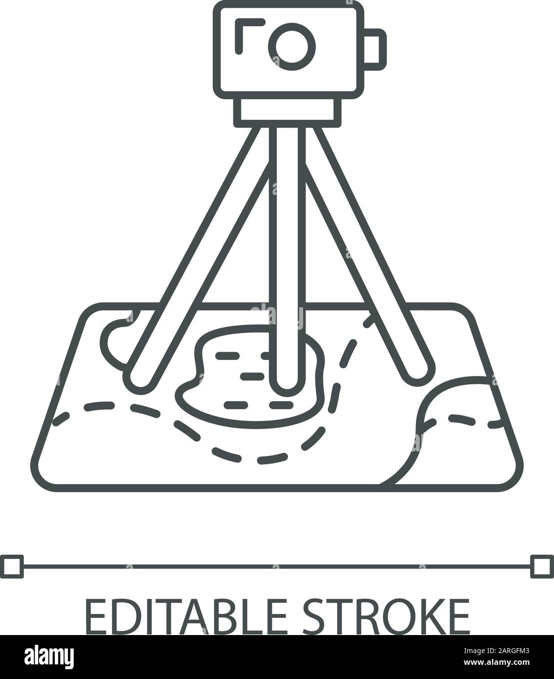 Lineares Symbol für Feldumfrage. Forschungsgeräte. Archäologische Untersuchung. Digitales Werkzeug auf der Karte. Topografische Daten. Dünne Linie. Kontursymbol Stock Vektor