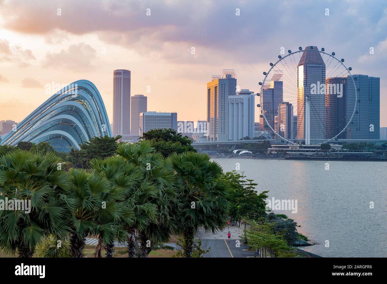 Skyline von Singapur, Cloud Forest Dome und Singapore Flyer von Gardens by the Bay in der Dämmerung, Singapur, Südost-Asien, Asien Stockfoto