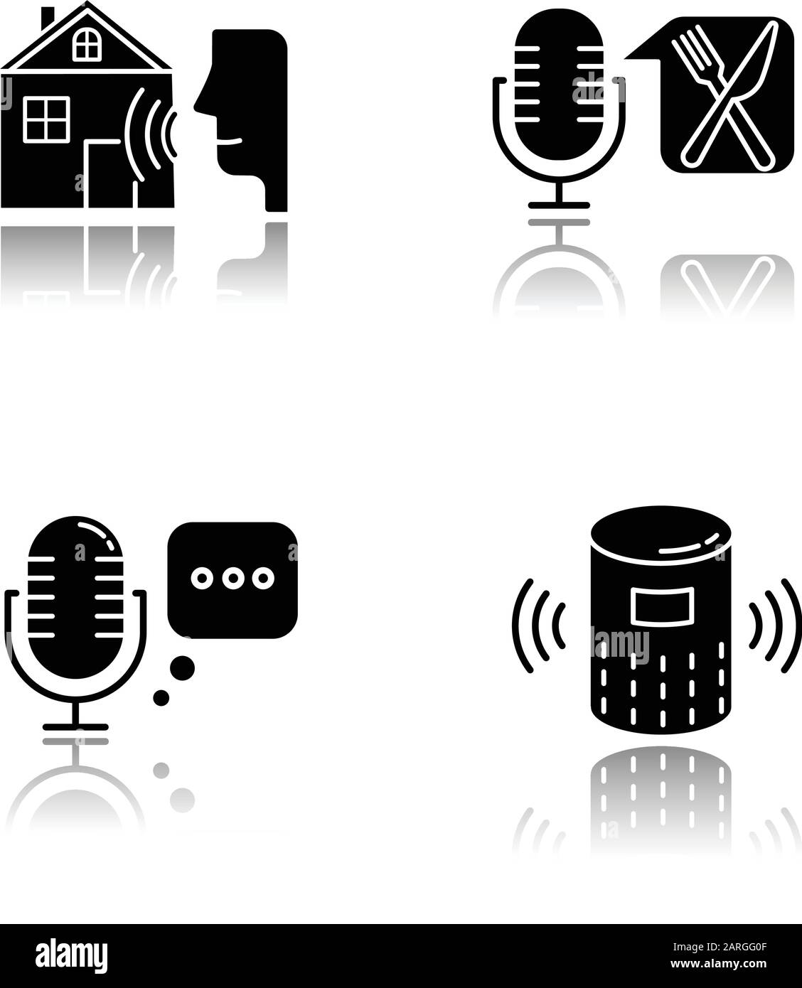 Schwarze Glyphen-Symbole für das Schlagschatten der Fernbedienung eingestellt. Virtuelle Hilfe. Mikrofone, Lautsprecher. Spracherkennungsgeräte. Intelligente Heimtechnologie Stock Vektor