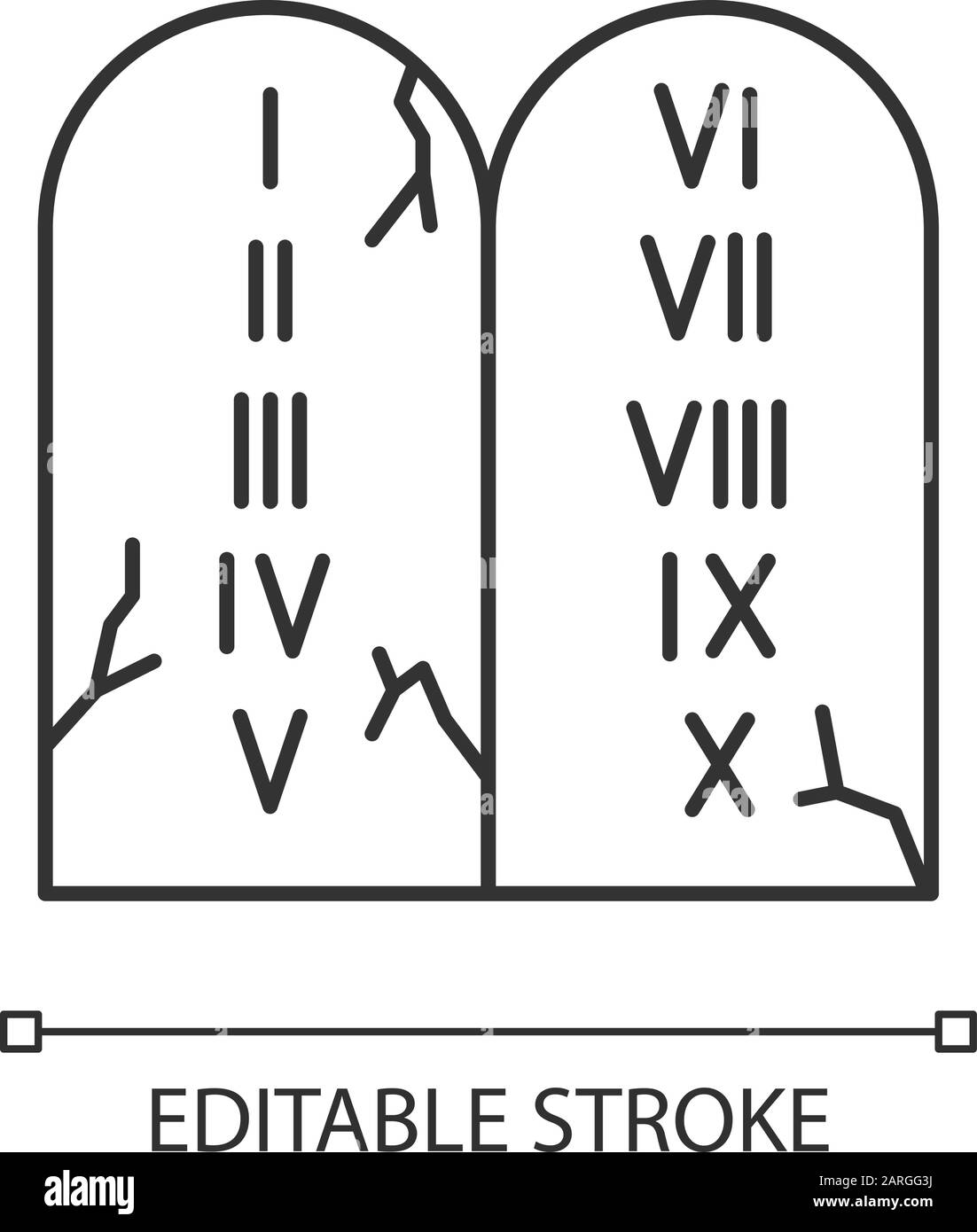 Lineares Symbol für die Geschichte der Bibel mit zehn Gebote. Biblische Gesetze auf Steintafeln geschrieben. Religiöse Legende. Dünne Linie. Kontursymbol. Vektor-iso Stock Vektor