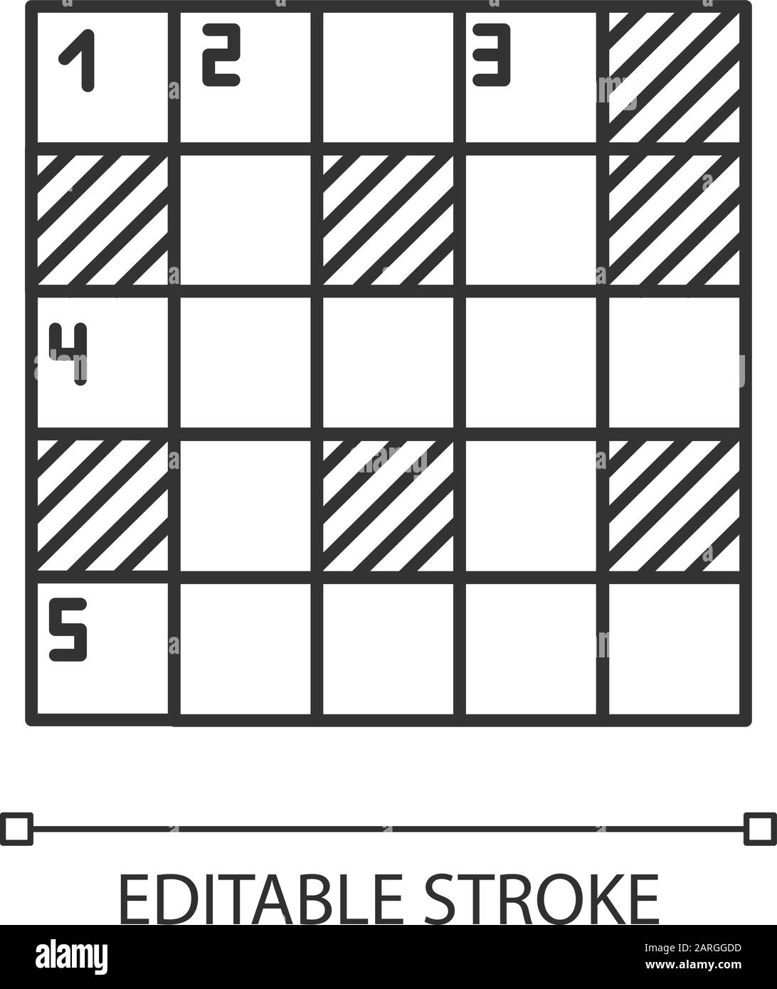 Lineares Symbol für mathematische Puzzles. Sudoku-Raster. Zahlenplatzierung. Logikspiel. Kryptische Kreuzworte. Hirn-Teaser. Dünne Linie. Kontursymbol. Stock Vektor