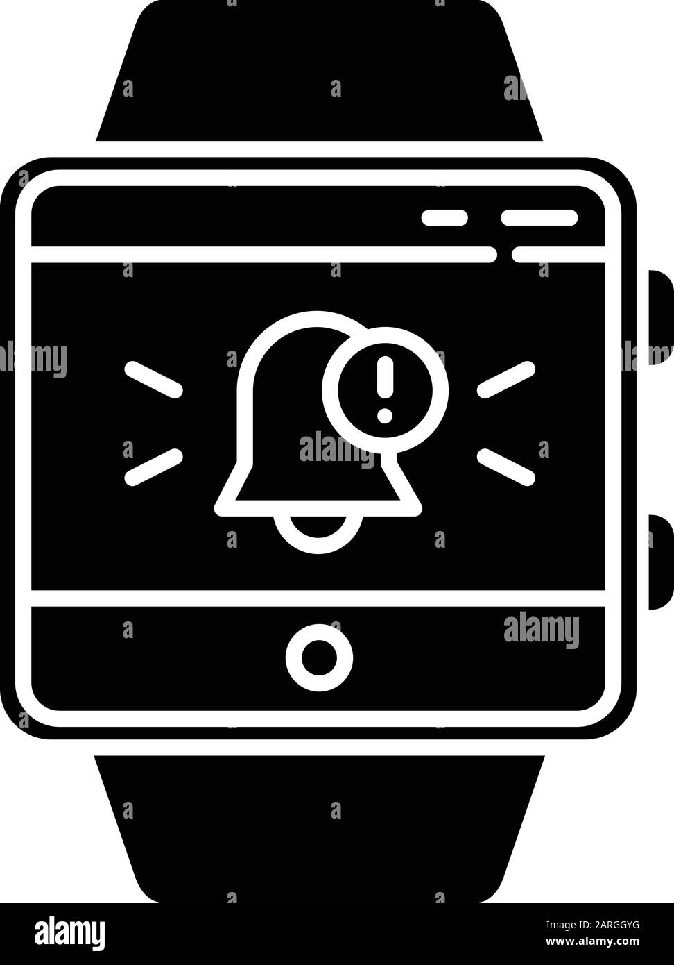 Push-Benachrichtigungen Smartwatch-Funktion Glyph-Symbol. Fitnessstudio mit Armband. Warnfeld mit angegebener Nachricht an den Benutzer. Glockensymbol. Silhouettensym Stock Vektor