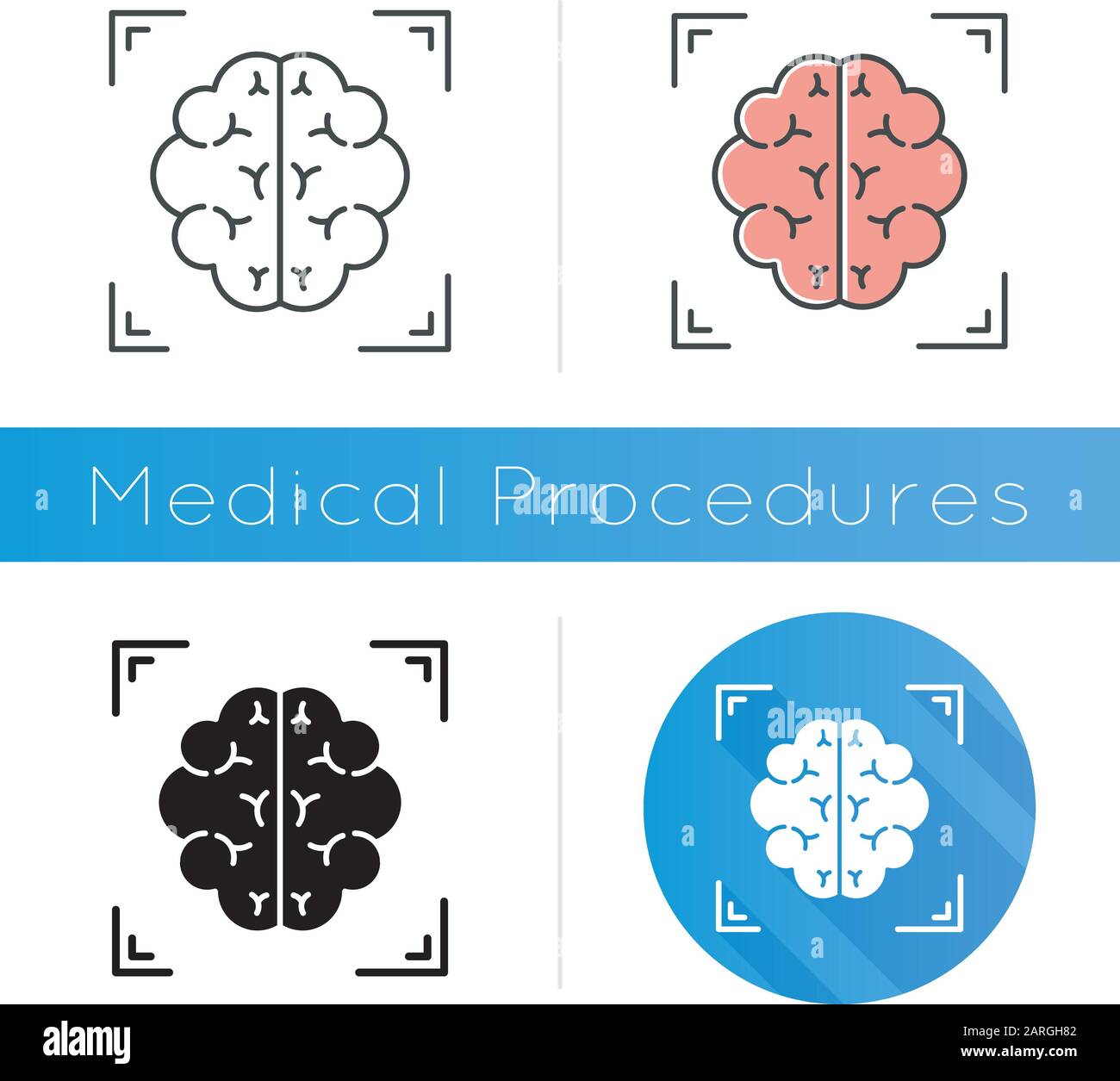 Gehirnscan-Symbol. Neurobildgebung. Analyse der Struktur des Nervensystems. Medizinischen Verfahren. Krankenhausuntersuchung. Klinischer Test. Neurologie. Flaches Design, Linie Stock Vektor