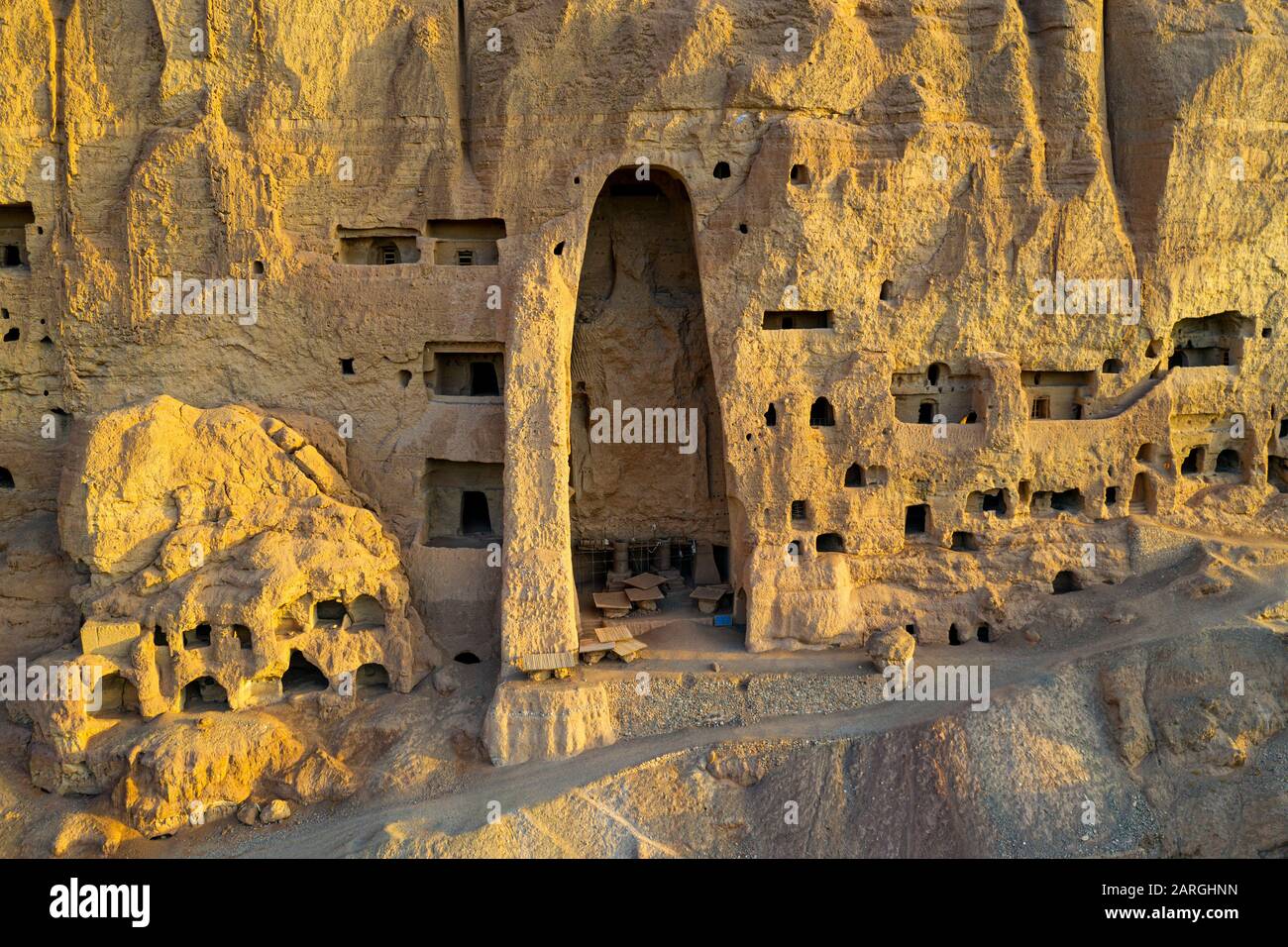 Der Standort der großen Buddhas in Bamyan (Bamiyan), 2019 eingenommen, nach der Zerstörung, Afghanistan, Asien Stockfoto
