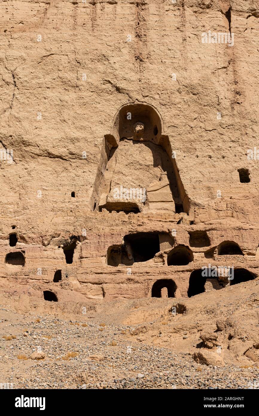 Der Standort der großen Buddhas in Bamyan (Bamiyan), 2019 eingenommen, nach der Zerstörung, Afghanistan, Asien Stockfoto