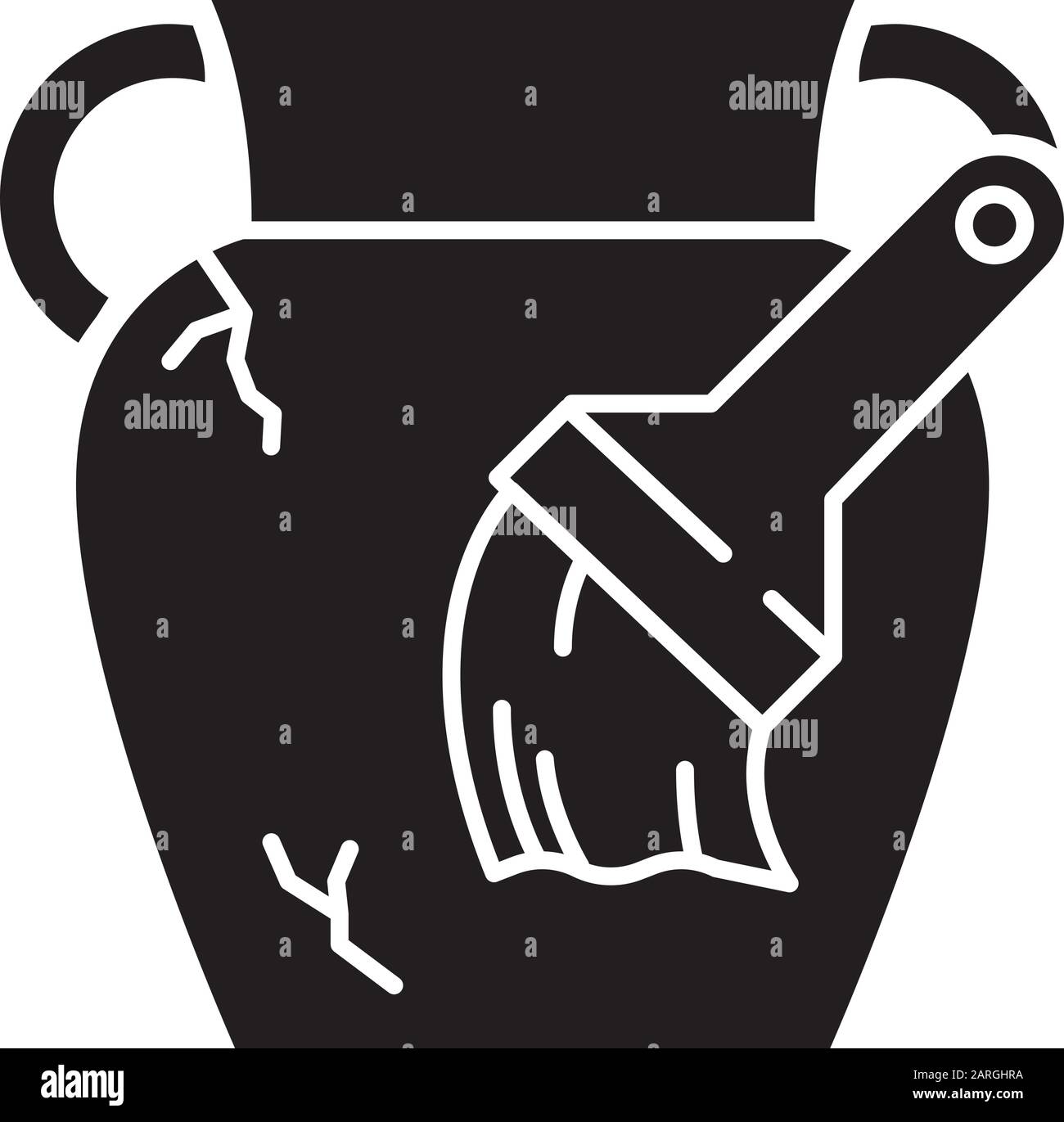 Symbol für die Wiederherstellung der Glyphe. Beschädigte griechische Amphore. Große Vase, Bürste. Erneuerung des alten Artefakts. Rekonstruktion antiker Gegenstände. Silhouettensymbol. Negativ Stock Vektor