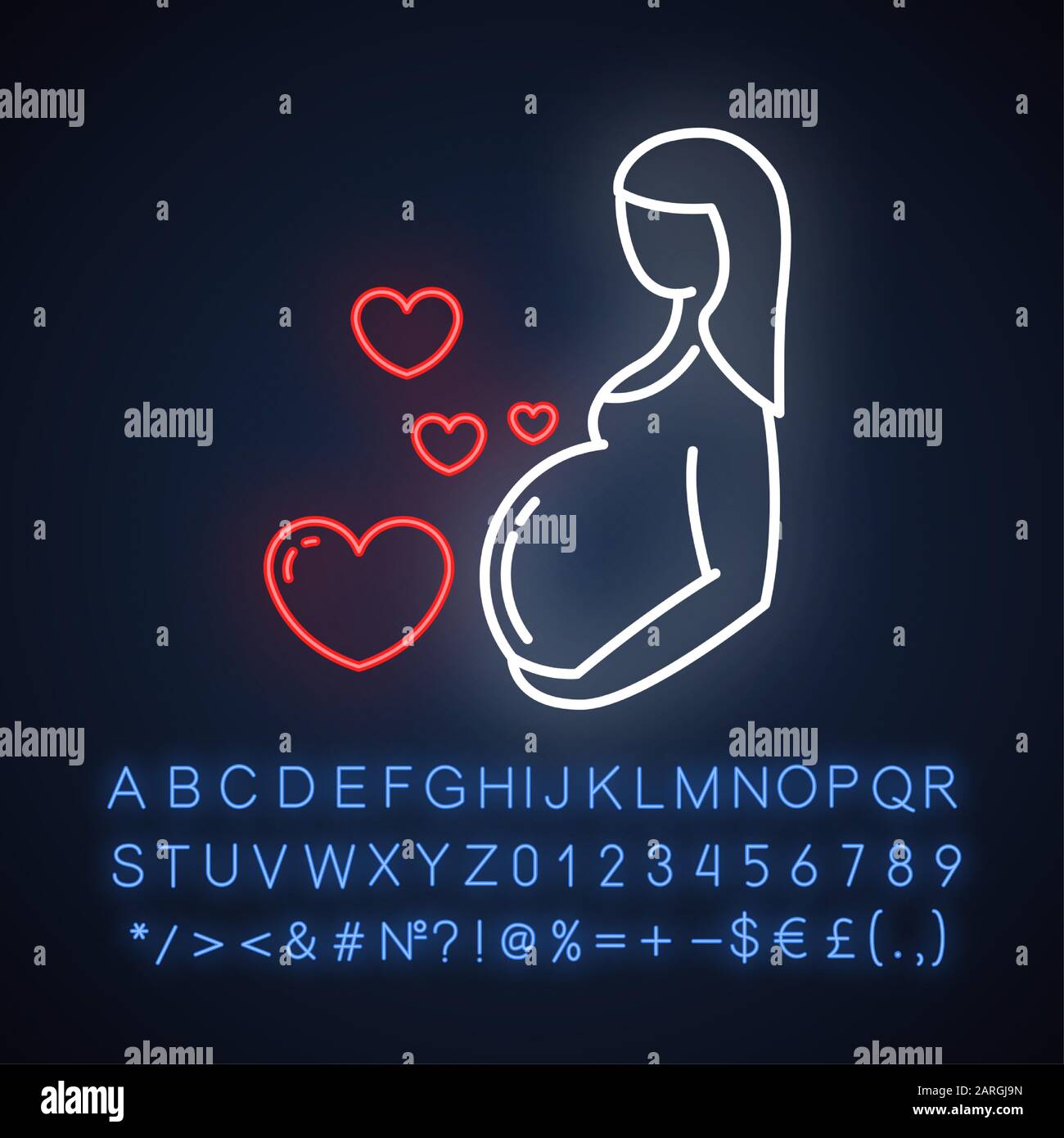 Symbol für Neon-Licht in der Schwangerschaftspflege. Pränatale Periode. Mutterschaft, Elternschaft. Baby und Kind werden erwartet. Medizinischen Verfahren. Leuchtendes Zeichen mit Alphabet, Zahlen Stock Vektor