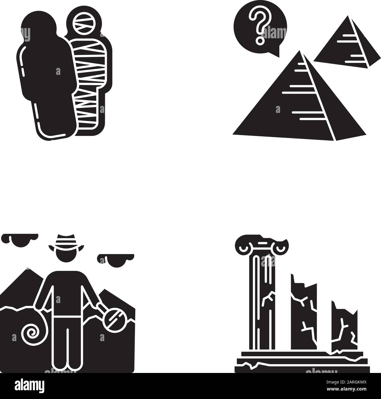 Archäologische Glyphe Symbole gesetzt. Mama in Sarkophag. Pyramiden. Ägyptische Kultur. Forscher auf dem Gebiet. Säulenruinen. Gebrochene Säulen. Geschichte, Kultur. Sil Stock Vektor
