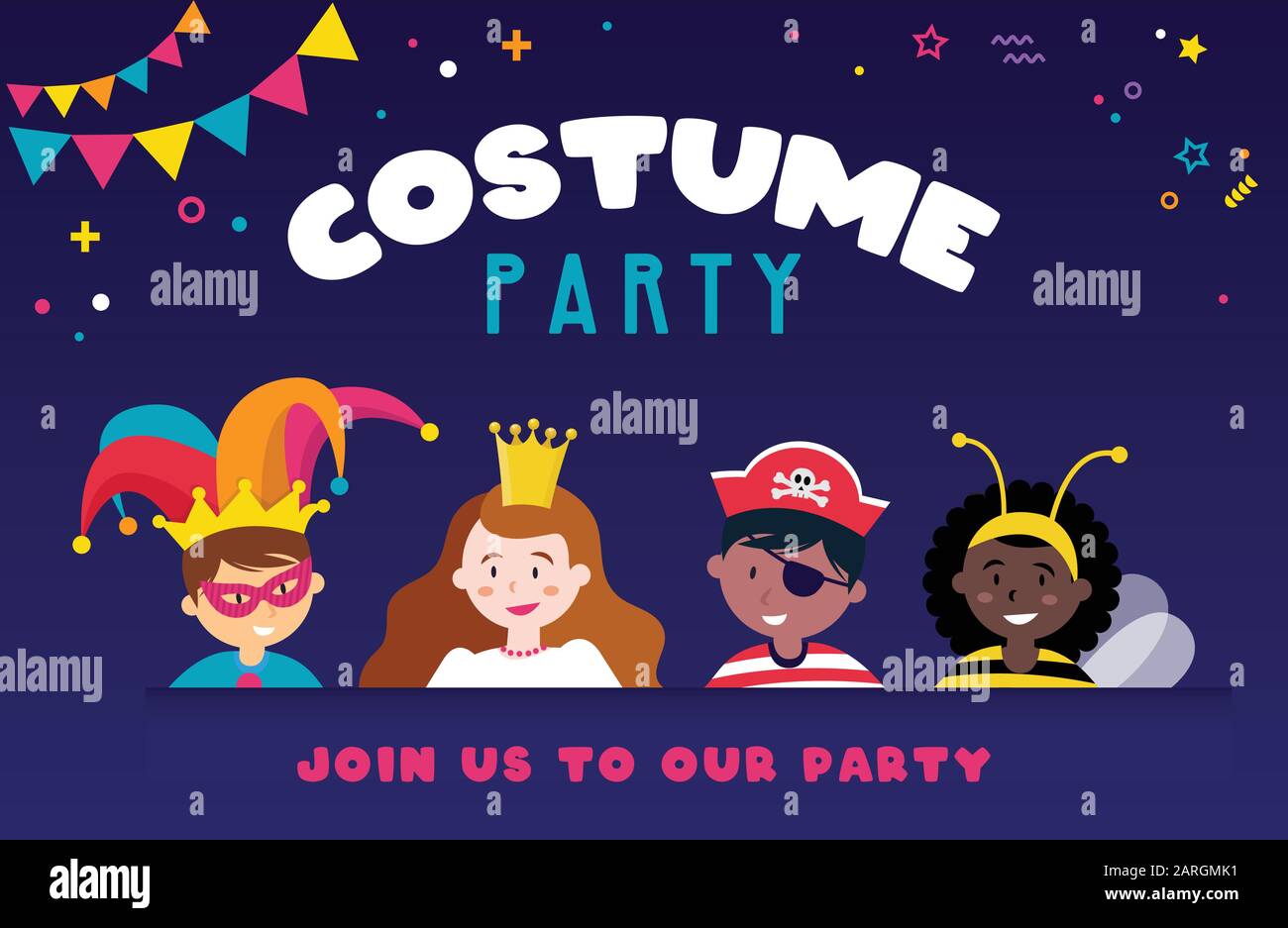 Einladung zur Kostümkarte mit einer Gruppe niedlicher Kinder. Kostümparty. Vorlagenkarte für Purim, Carnival oder Geburtstagsfeier. Stock Vektor