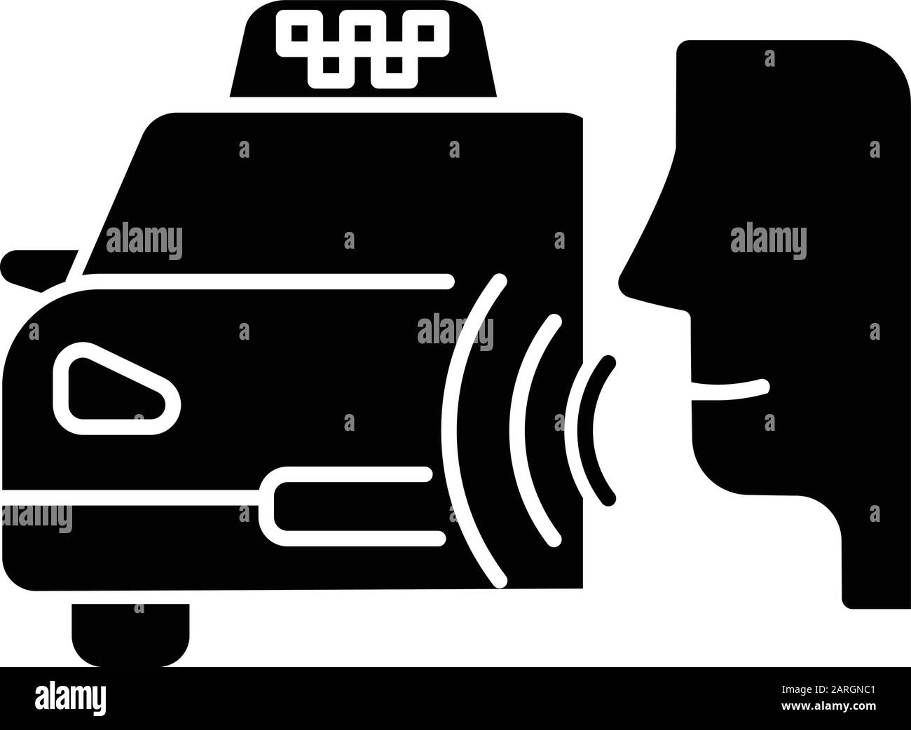 Symbol für Taxi-Anruf-Glyphe. Sprachbefehl für die Transportsuche. Tonsteuerung, Audio-Reihenfolge, Konversation. Intelligenter virtueller Assistent. Silhouettensymbol. Negativ s Stock Vektor