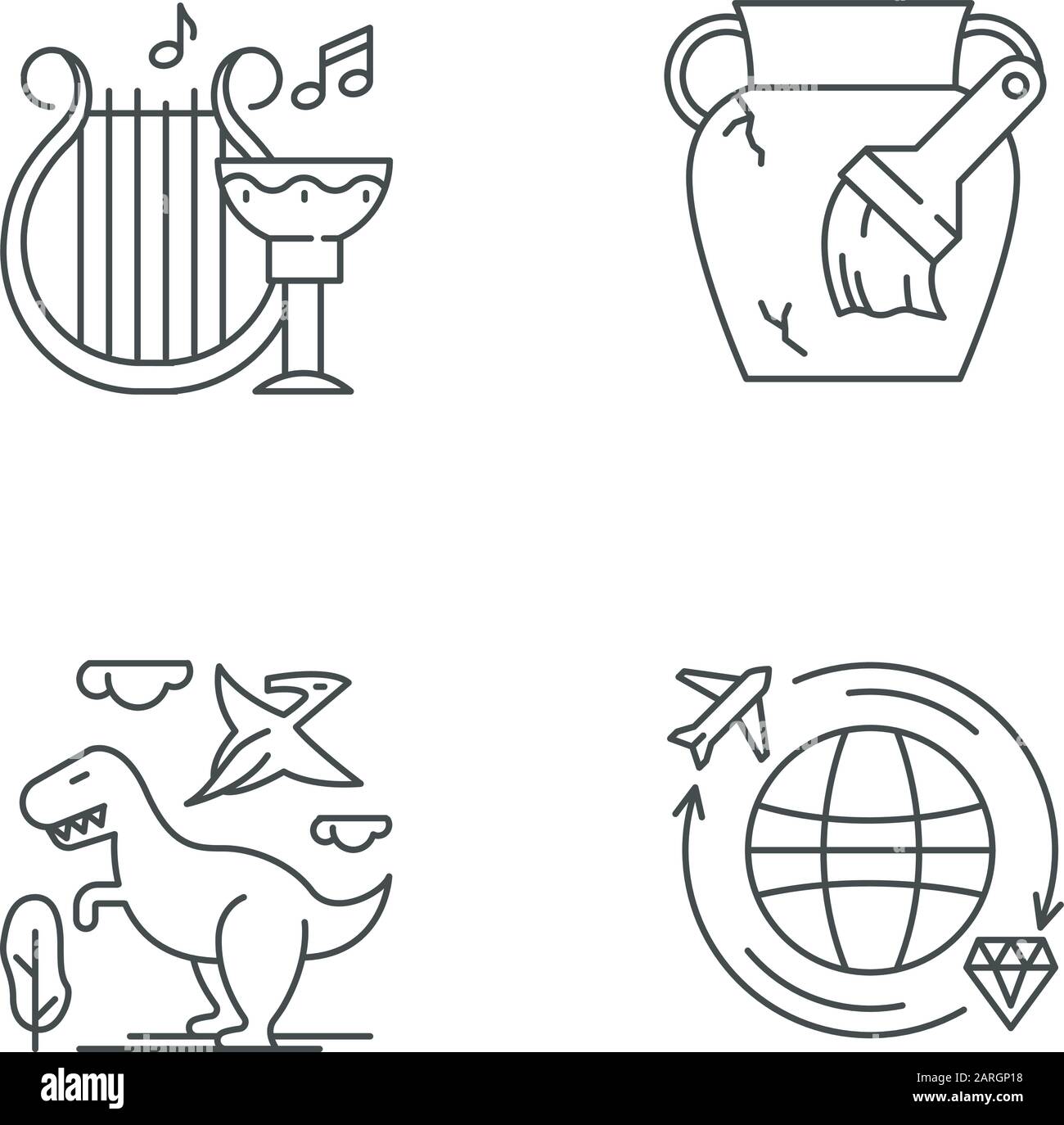 Lineare Symbole für die Archäologie festgelegt. Alte Kultur. Amphora-Wiederherstellung. Dinosaurier. Prähistorische Tiere. Schatzsuche. Kontursymbole mit dünnen Linien. Isoliert Stock Vektor