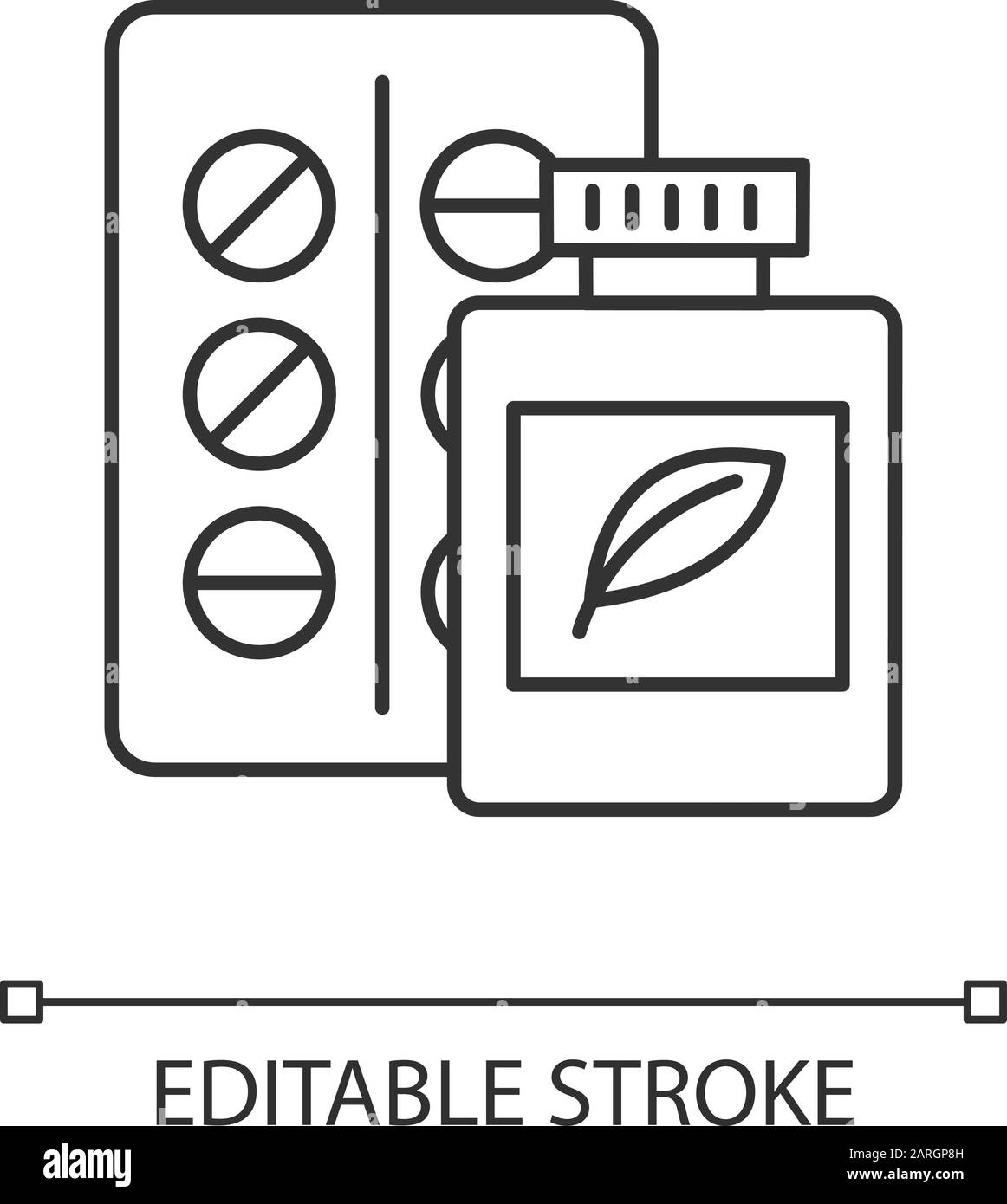 Lineares Symbol für Pflanzenheilkunde. Organische Chemie. Pharmazeutische Produkte. Organische Verbindungen gegen Krankheiten. Dünne Linie. Kontursymbol. Stock Vektor
