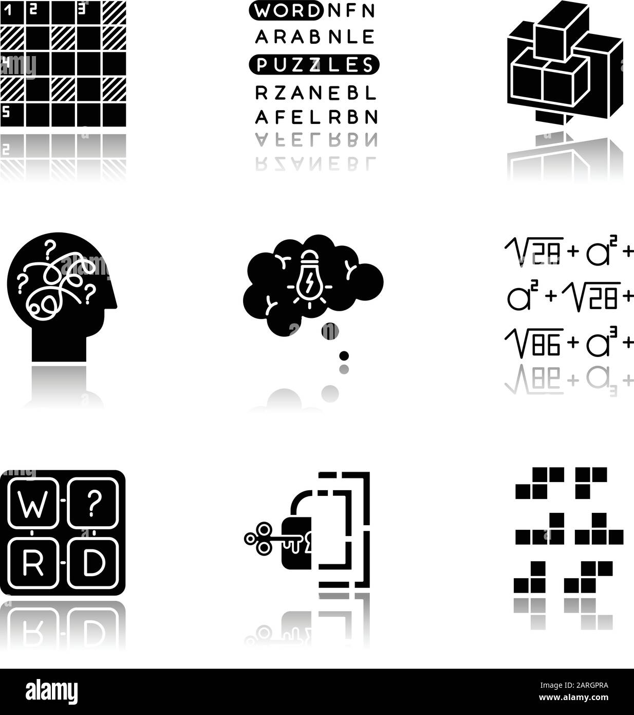Puzzles und Rätsel setzen schwarze Glyph-Symbole in den Schatten. Aufbau, Wortpuzzle. Kreuzworträtsel. Mathematische Probleme. Verwirrte Meinung. Logikspiele. Mentale Bewegung. Stock Vektor