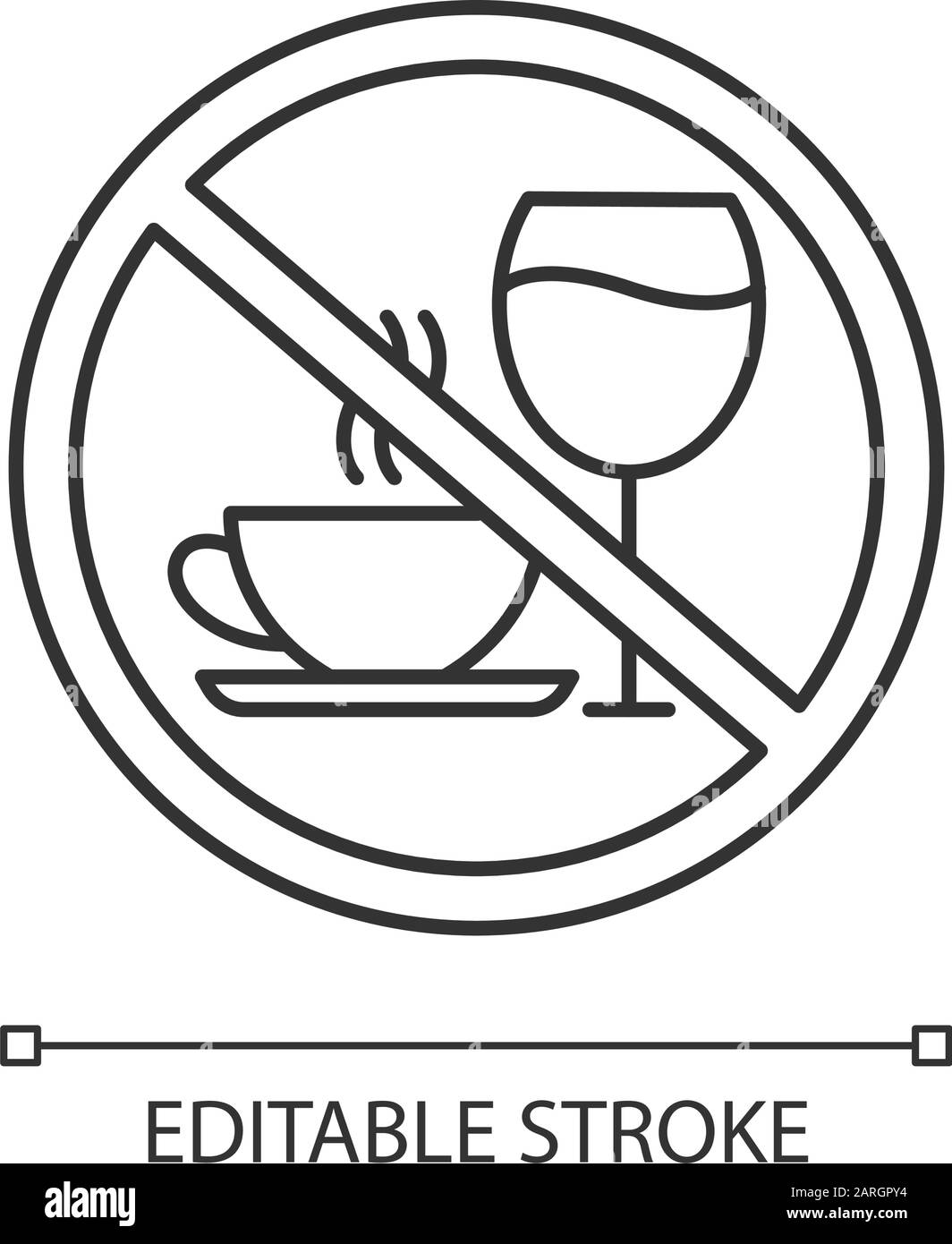 Lineares Symbol für Koffein und Alkoholverweigerung. Leugnen Sie Wein und Kaffee. Keine ungesunden Gewohnheiten. Stoppschild mit Getränken. Dünne Linie. Kontursymbol. Stock Vektor