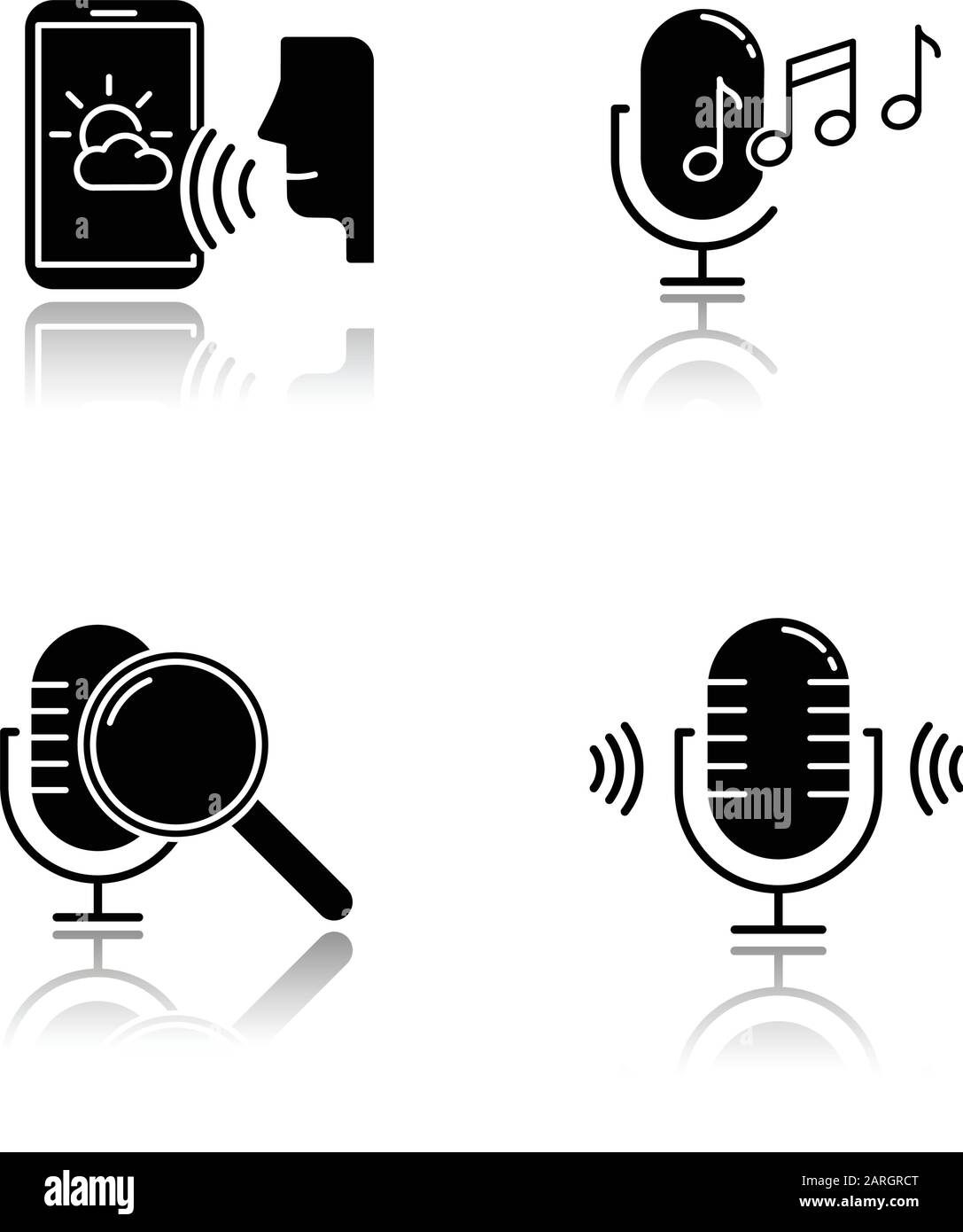 Sound Request Drop Shadow Black Glyph Icons Set. Sprachsteuerung. Spracherkennungstechnologie. Sprachgesteuerte Apps. Mikrofone, Lautsprecher, fo Stock Vektor