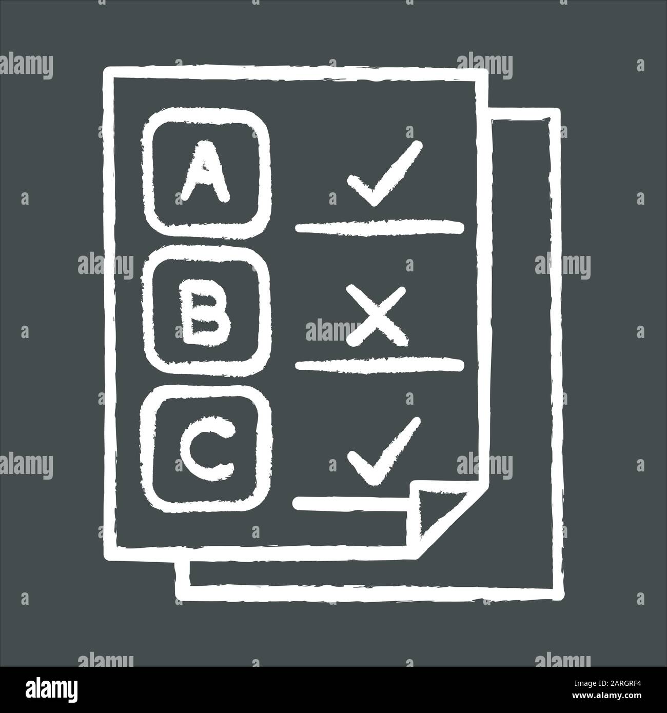 Kreidesymbol für schriftliche Umfragen. Prüfungsunterlagen. Testdokument. Seite "Fragebogen". Wählen Sie Optionen. Wählen Sie Häkchen. Richtige, falsche Antworten. Datenbericht. Info Stock Vektor