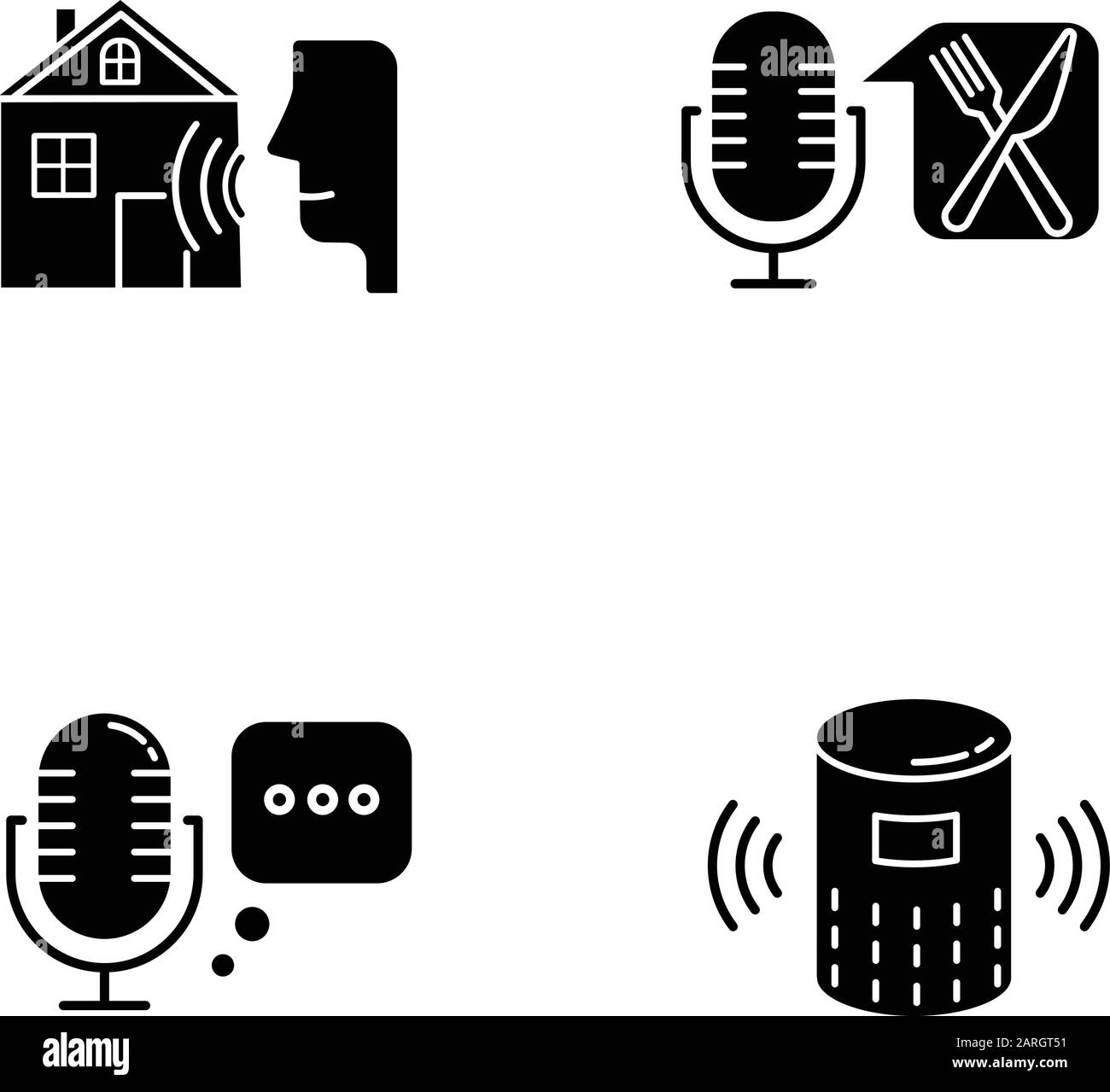 Symbole für die Steuerung der Fernbedienung festgelegt. Virtuelle Hilfstools. Mikrofone, Lautsprecher. Spracherkennungsgeräte. Intelligente Heimtechnologie, Lebensmittelauftrag Stock Vektor