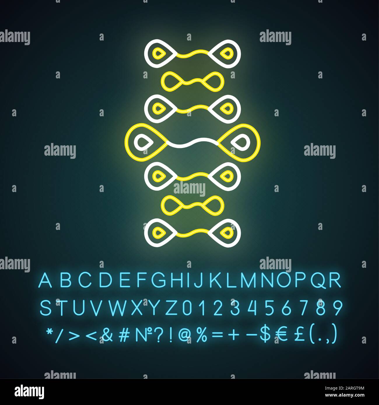 Symbol für Neonlicht in DNA-Strängen. Desoxyribonukleinsäure, Nukleinsäure-Helix. Molekularbiologie. Gentechnik. Genetik. Leuchtendes Zeichen mit Alphabet, numbe Stock Vektor