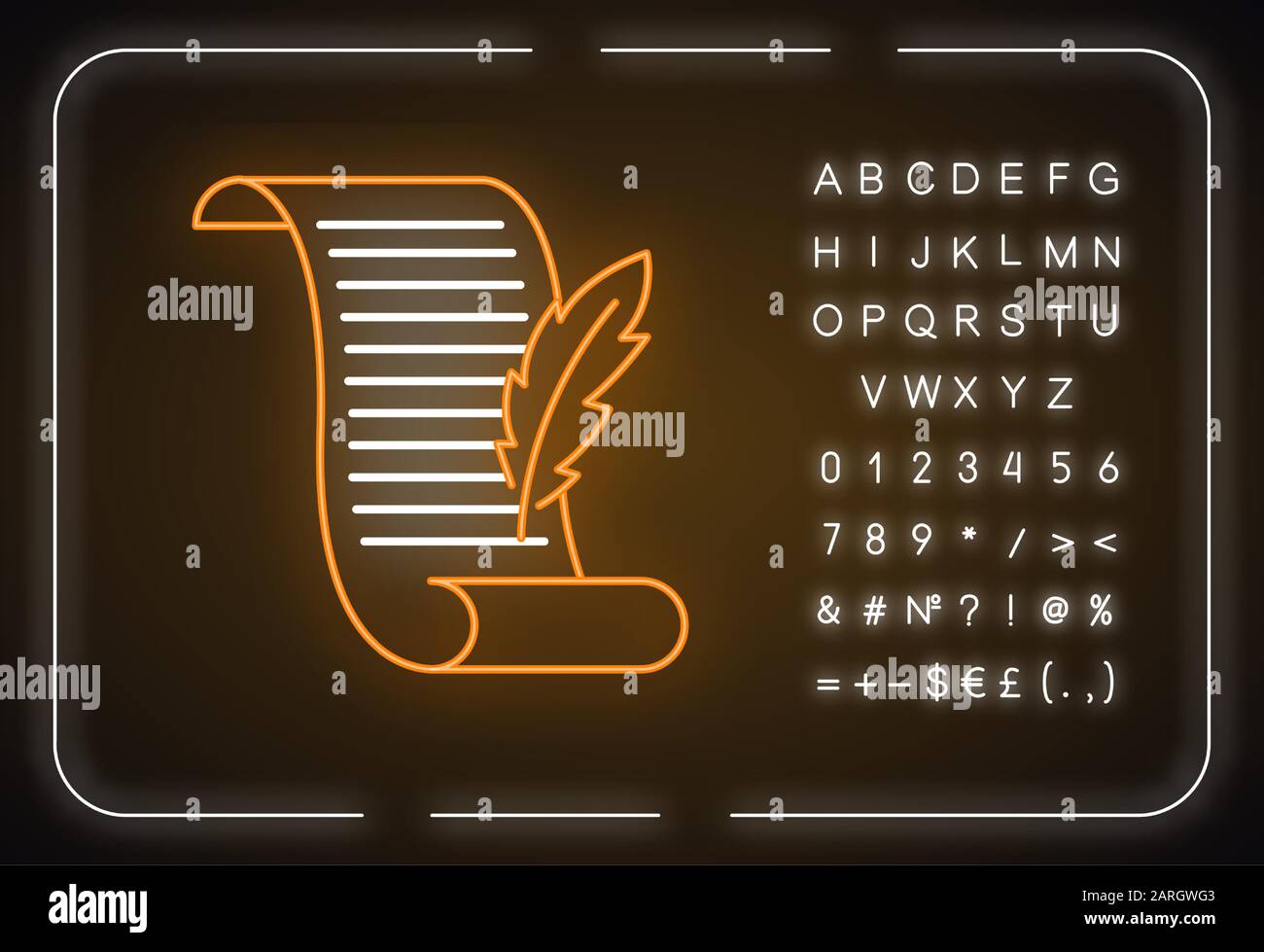 Antike Handschrift Neon-Licht-Symbol. Alte Bildlaufleiste. Poesieschreiben. Antikpergament mit Quill. Literatur. Leuchtendes Zeichen mit Alphabet, Zahlen und Symb Stock Vektor