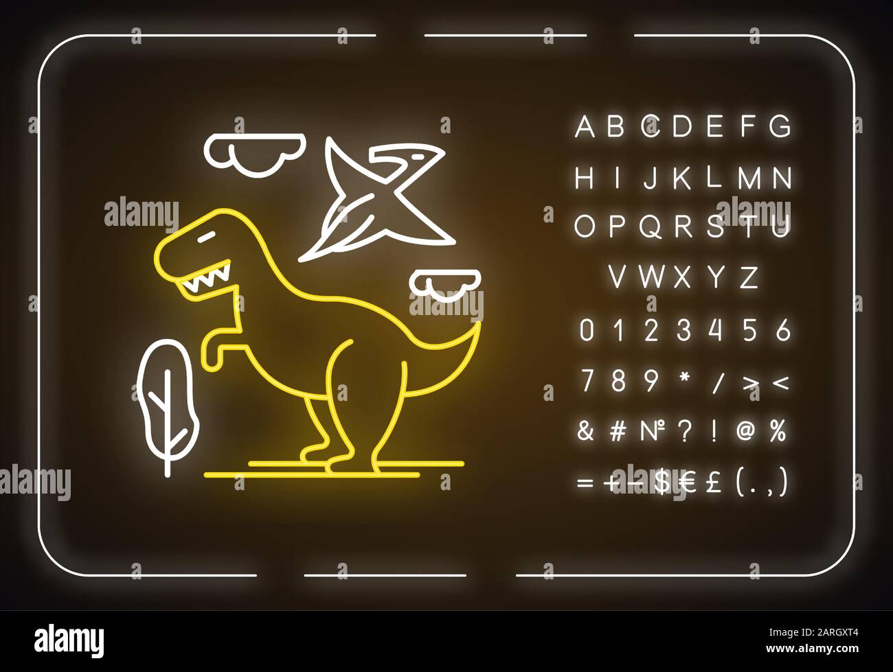 Symbol für Neonlicht der Dinosaurier. Prähistorische Tiere. Tyrannosaurus rex. Fliegendes Pterodactyl. Jurassic Park. Primitive Raubtiere. Leuchtendes Zeichen mit Alphabet, Stock Vektor