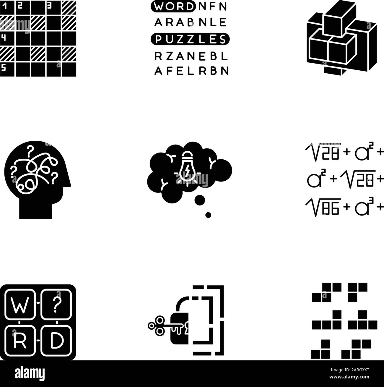 Puzzles und Rätsel Glyph-Symbole gesetzt. Aufbau, Wortpuzzle. Kreuzworträtsel. Mathematische Probleme. Verwirrte Meinung. Logikspiele. Mentale Bewegung. Hirn-Teaser. Sil Stock Vektor