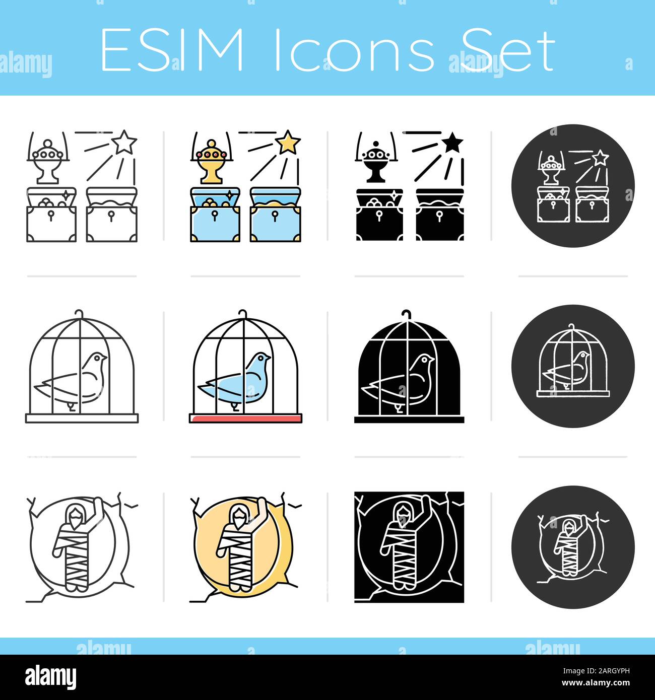 Symbole für Bibelerzählungen gesetzt. Geschenke des Magis, Taube im Käfig, Erweckung des Lazarus. Neues Testamente. Gospel Story. Flaches Design, linear, schwarz und farbig Stock Vektor