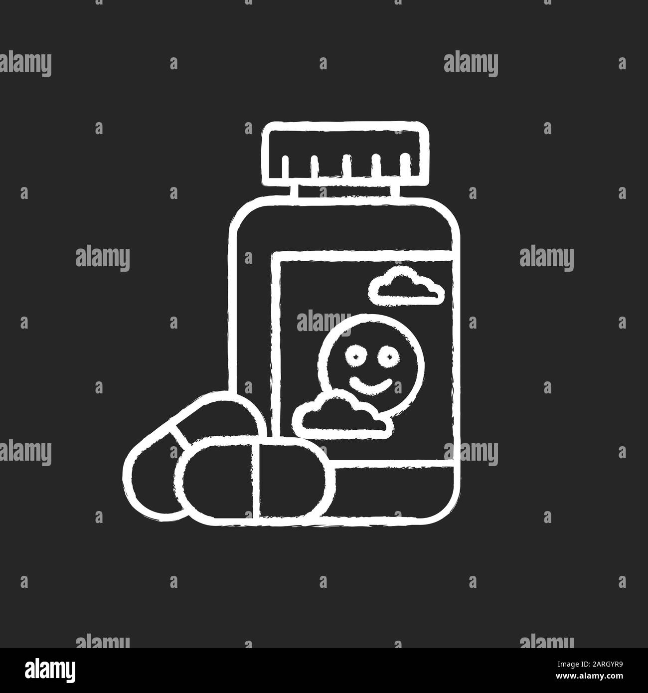 Symbol für antidepressive Kreide. Depressionsmedikation. Pillen und Medikamente in der Flasche. Lackiermittel, Ergänzung. Placebo-Produkt. Angsthilfe. Psychologisches Prob Stock Vektor