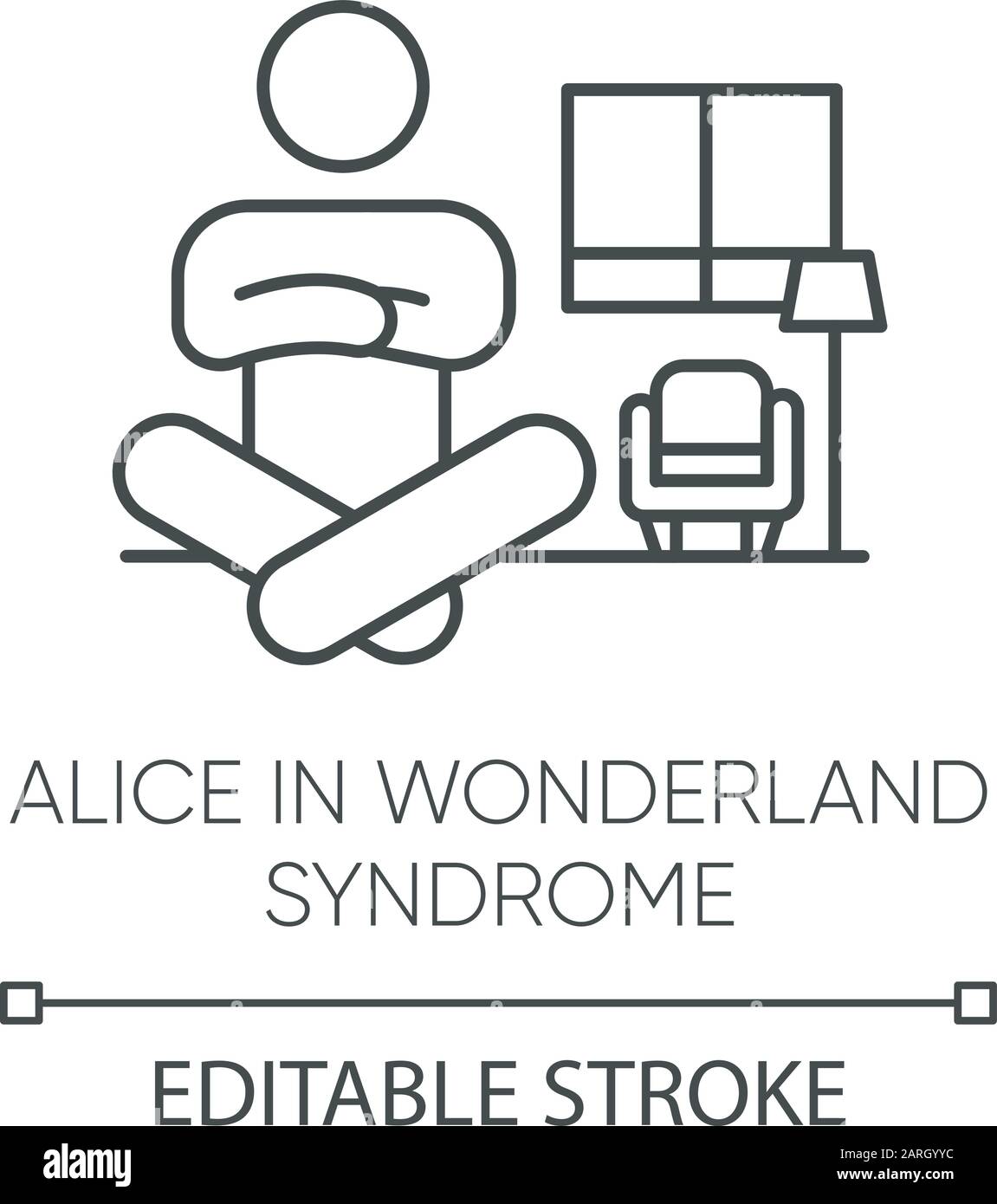 Alice im Wunderland Syndrom lineare Ikone. Visuelle Wahrnehmung. Verzerrung der Größe. Dysmetropsie. Psychische Störung. Dünne Linie. Kontursymbol. V Stock Vektor