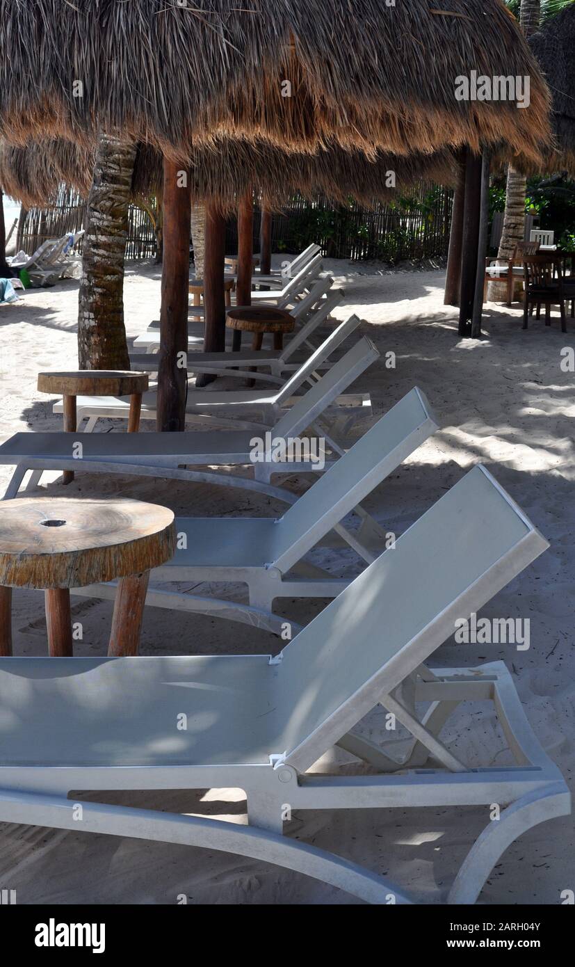 Weiße Lounge-Stühle in einer Linie unter Reetdachschirmen im Sand. Stockfoto