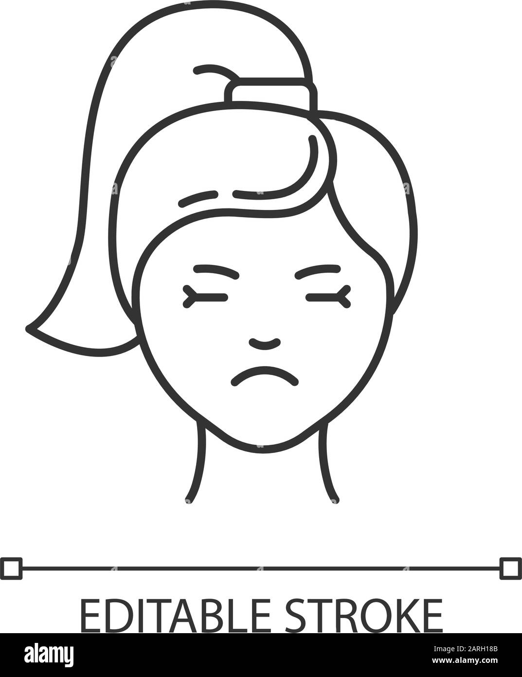 Symbol für Migräne linear. Emotionaler Ausdruck auf weiblichem Gesicht. Traurigkeit und niedrige Stimmung. Predmenstrualsyndrom. Dünne Linie. Kontursymbol. Vecto Stock Vektor